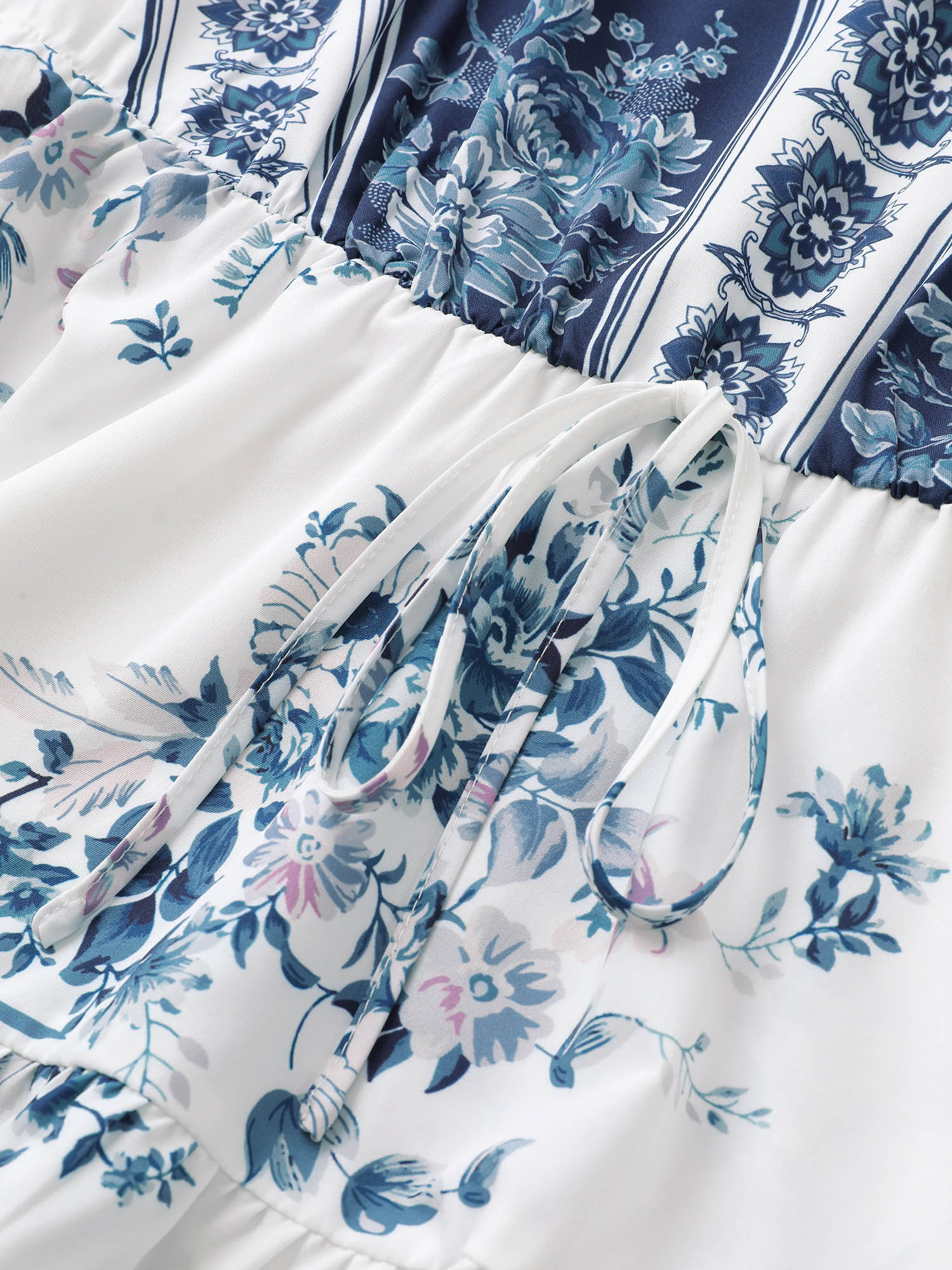 Plus Size Stone Boho Print Elastic Waist Ties Gathered Blouse Women Resort Elbow-length sleeve V-neck Vacation Blouses BloomChic 28/5X 