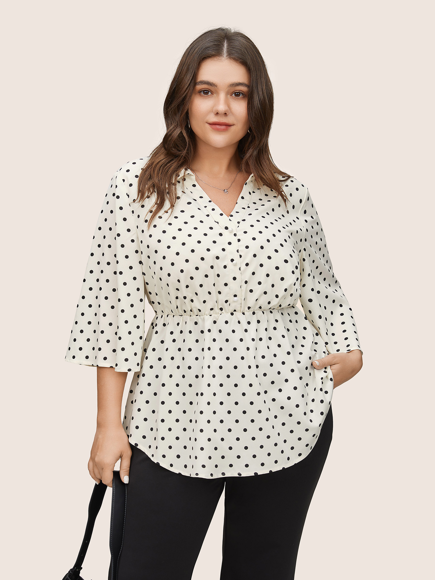 

Plus Size Ivory Polka Dot Button Detail Arc Hem Blouse Women At the Office Elbow-length sleeve Shirt collar Work Blouses BloomChic