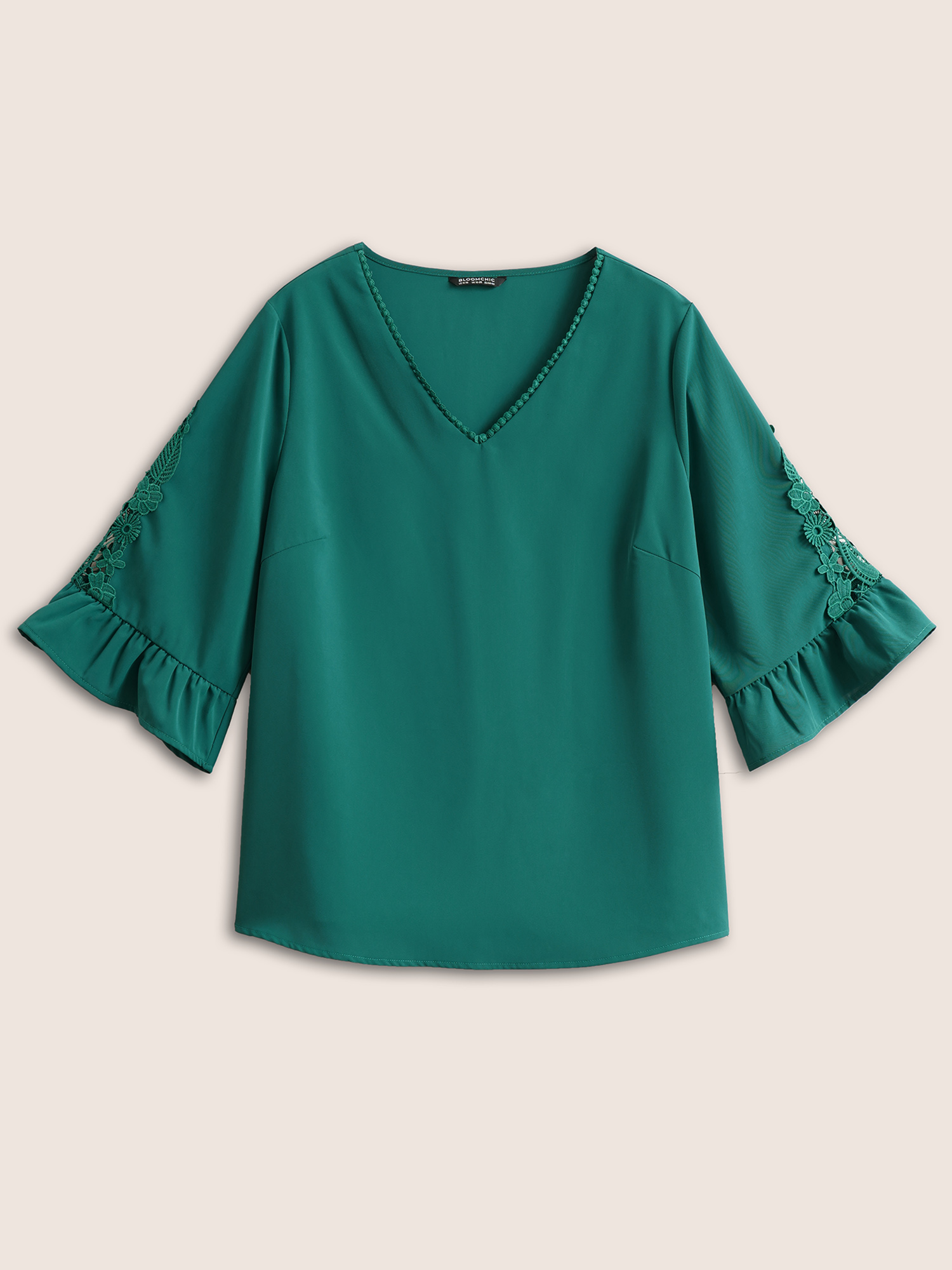 

Plus Size Emerald Solid Guipure Lace Patchwork Ruffles Blouse Women Elegant Elbow-length sleeve V-neck Everyday Blouses BloomChic