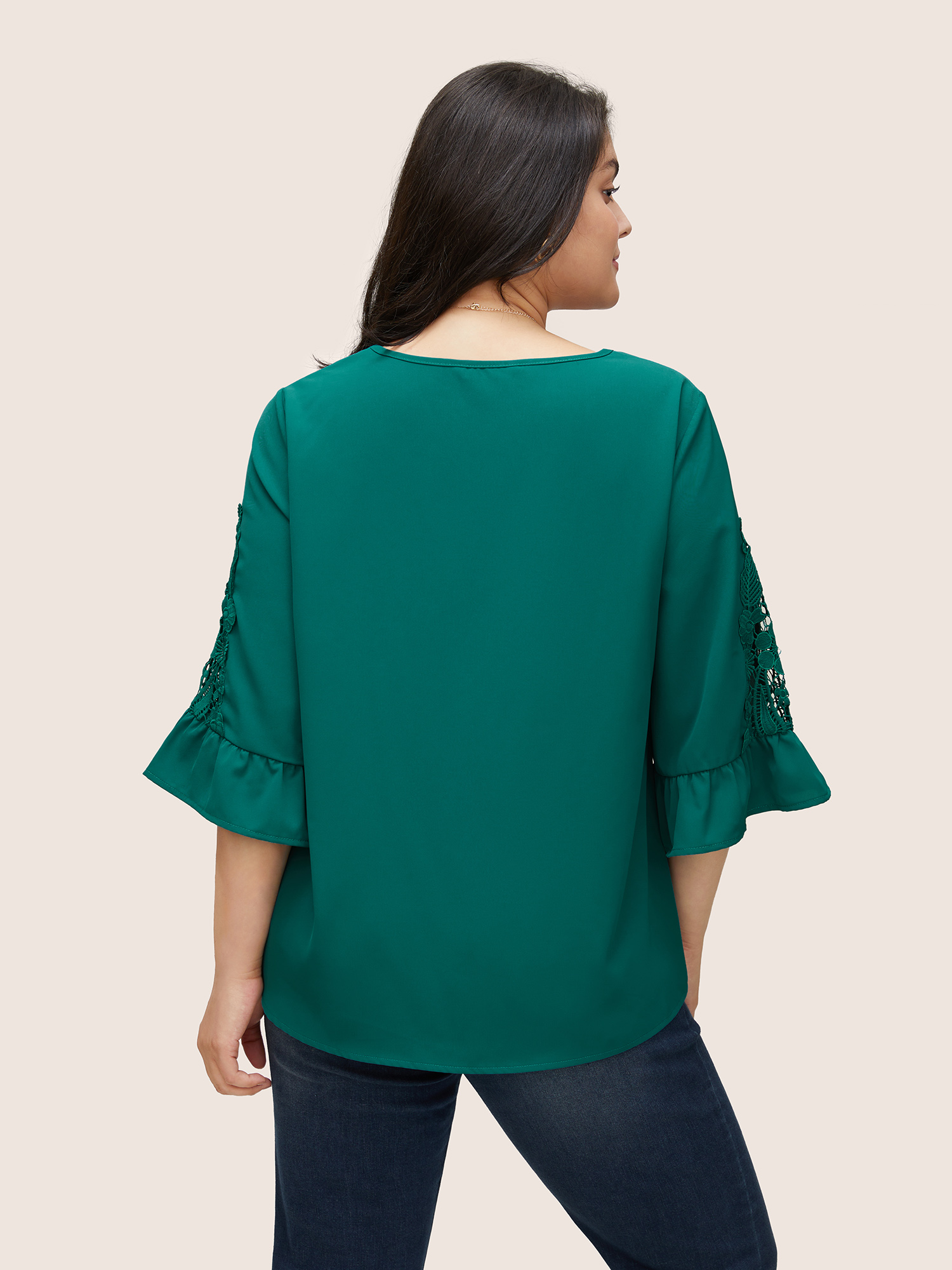 

Plus Size Emerald Solid Guipure Lace Patchwork Ruffles Blouse Women Elegant Elbow-length sleeve V-neck Everyday Blouses BloomChic