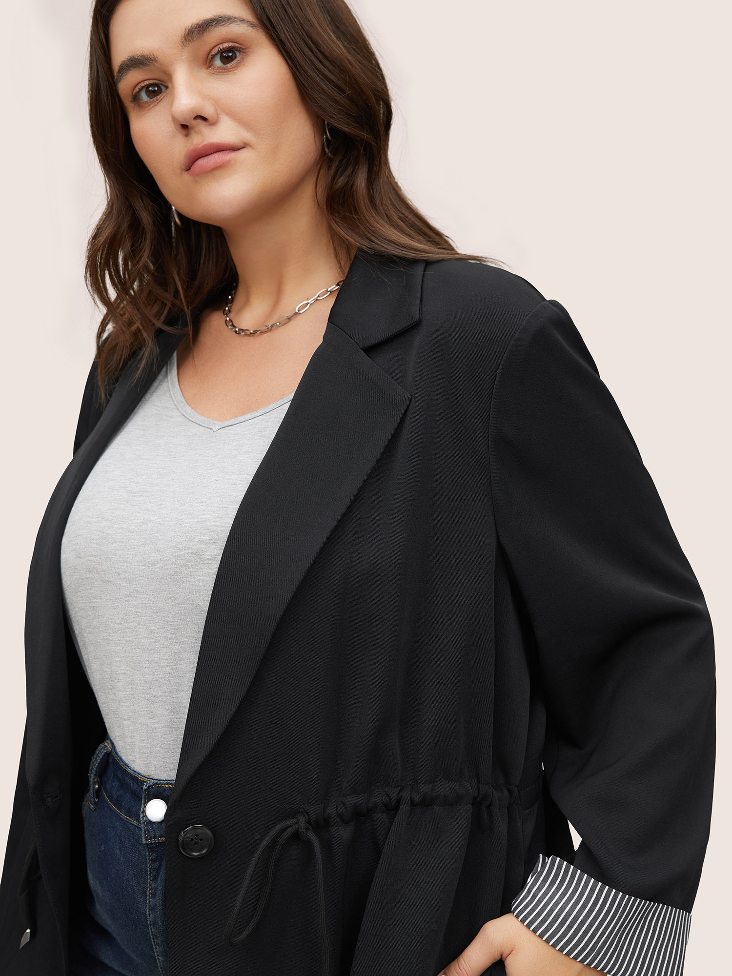 

Plus Size Striped Patchwork Drawstring Suit Collar Blazer Black Women Work Striped Non  Slanted pocket At the Office Blazers BloomChic