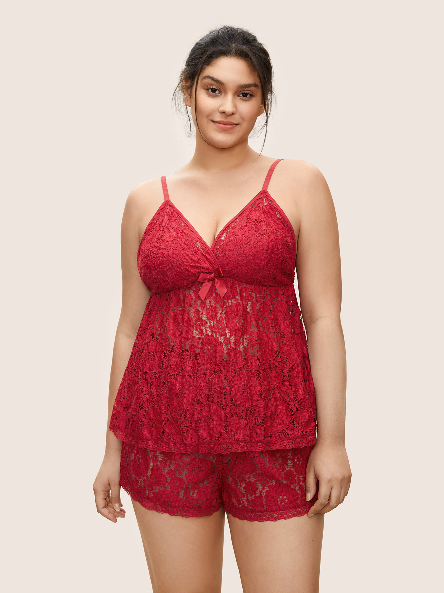 

Plus Size Guipure Lace Wrap Bowknot Cami Sleep Top Raspberry Plain Sleeveless Deep V-neck Everyday Lounge  Bloomchic