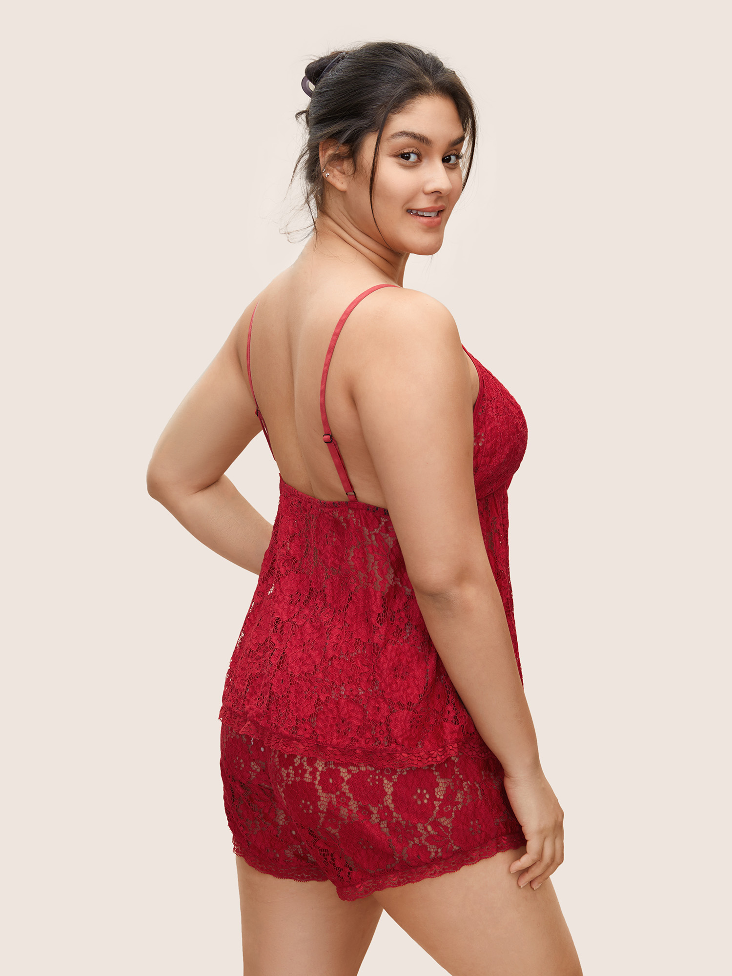 

Plus Size Guipure Lace Wrap Bowknot Cami Sleep Top Raspberry Plain Sleeveless Deep V-neck Everyday Lounge  Bloomchic