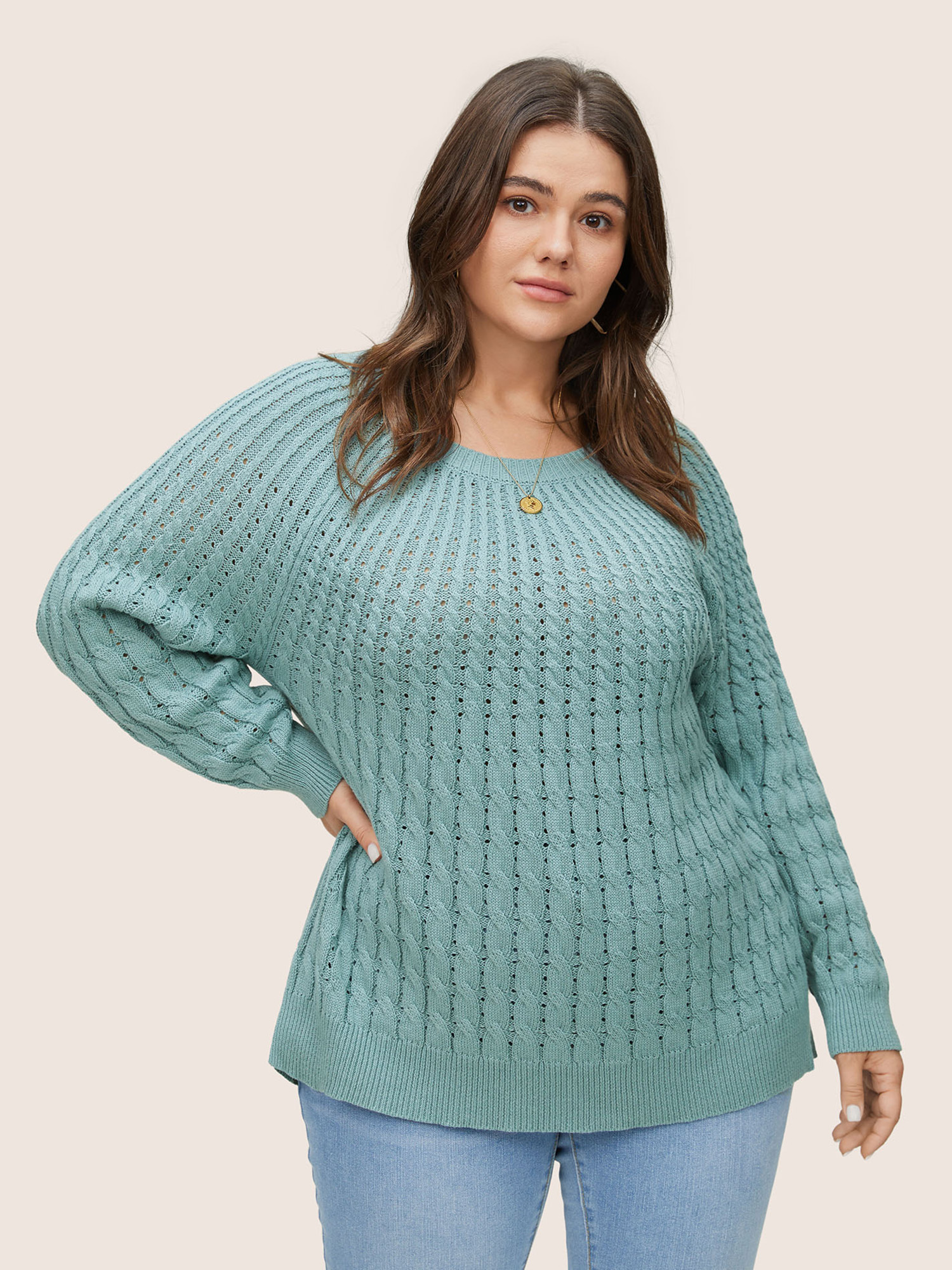 

Plus Size Cotton Blended Cable Knit Raglan Sleeve Pullover Teal Women Casual Long Sleeve Round Neck Everyday Pullovers BloomChic