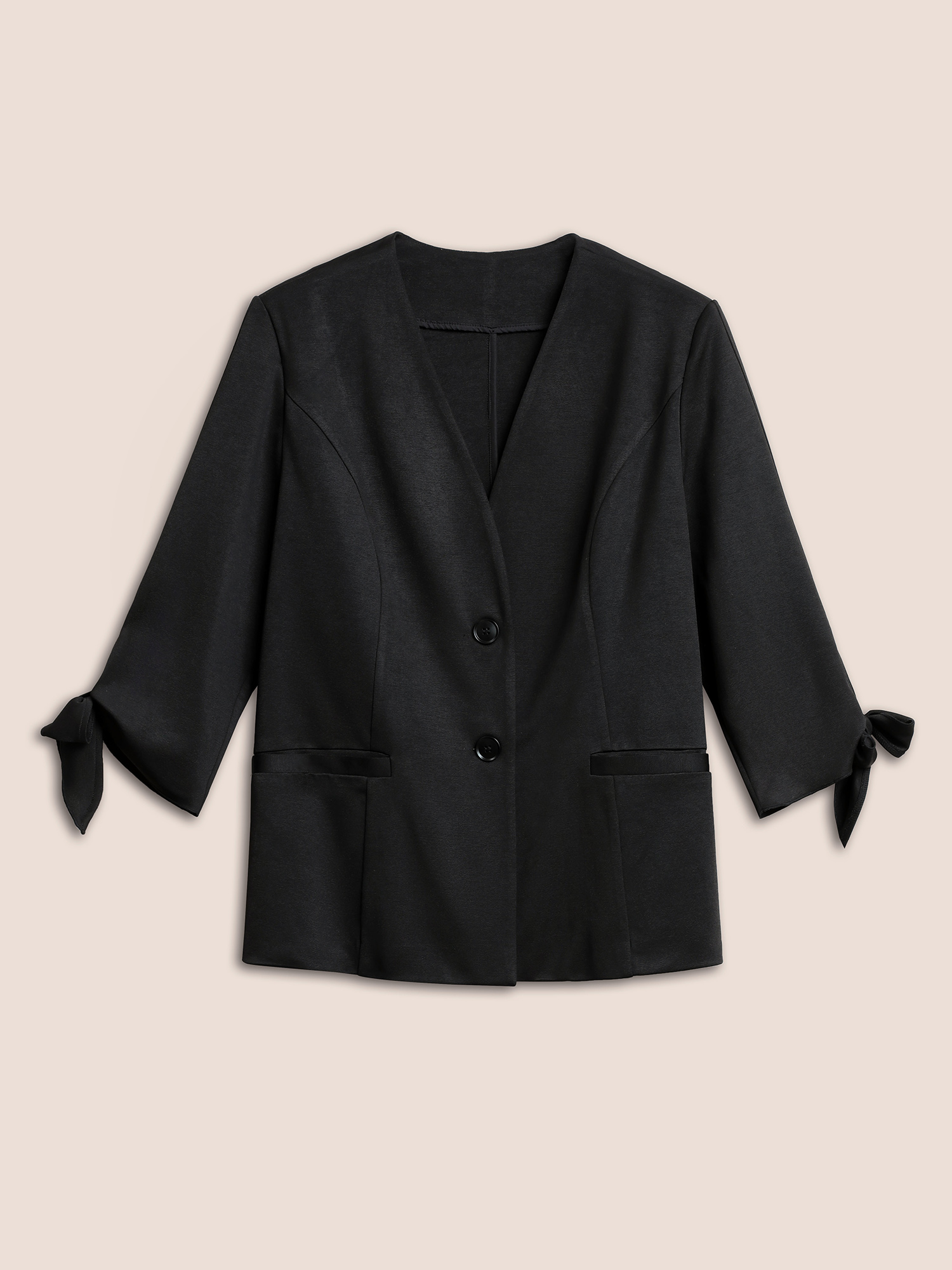 

Plus Size Very Stretchy Plain Bowknot Ties Sleeve Button Up Blazer Black Women Work Plain Non  Single-flap pocket At the Office Blazers BloomChic