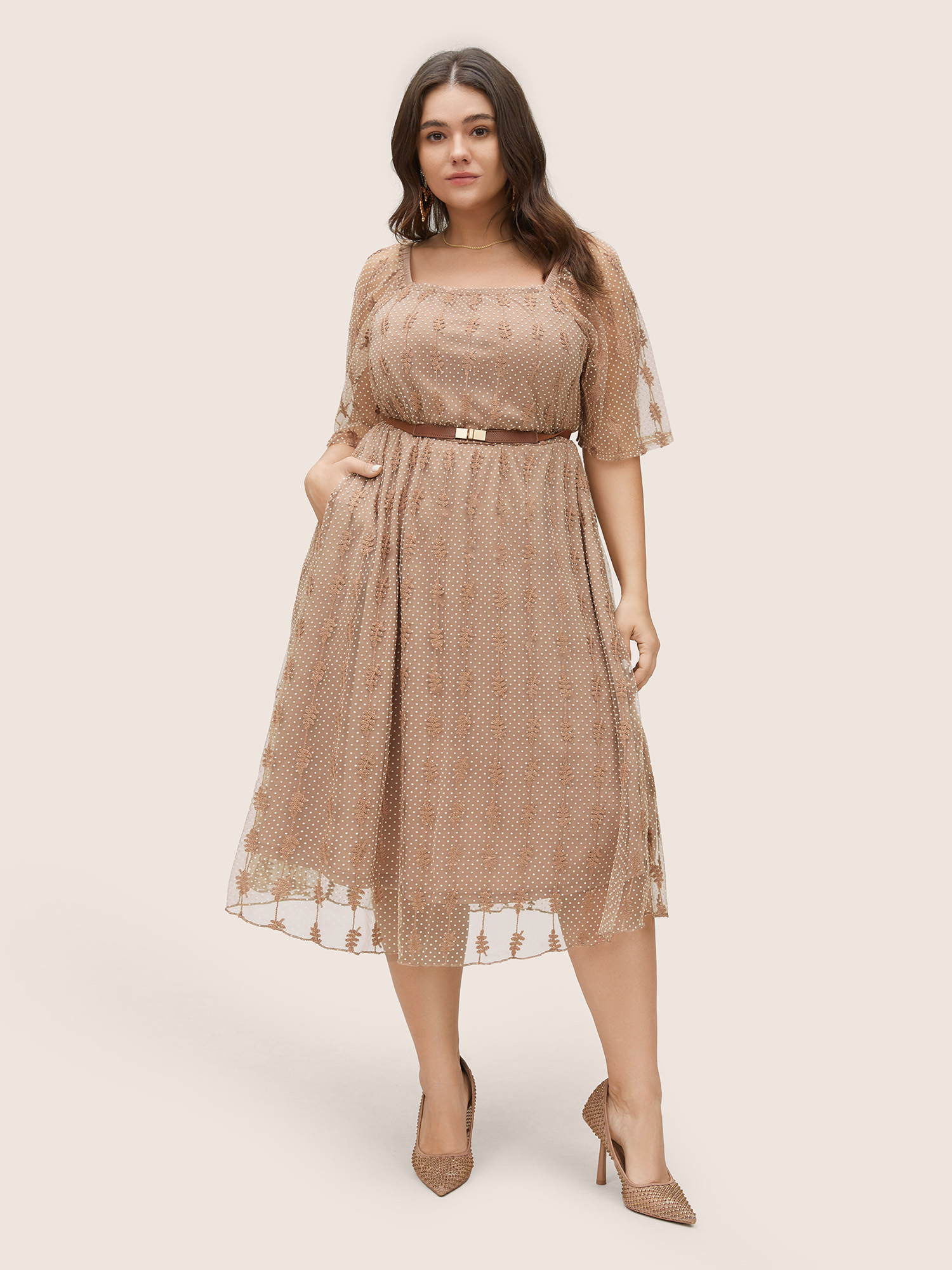 

Plus Size Square Neck Texture Embroidered Mesh Dress Tan Women Elegant Non Square Neck Short sleeve Curvy Midi Dress BloomChic