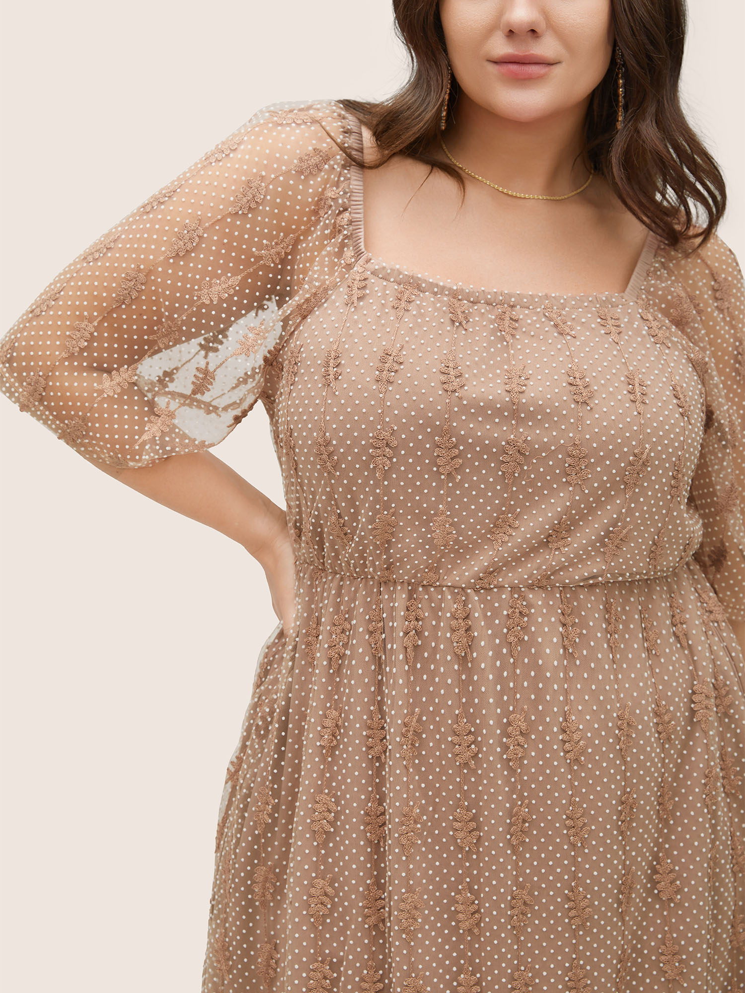 

Plus Size Square Neck Texture Embroidered Mesh Dress Tan Women Elegant Non Square Neck Short sleeve Curvy Midi Dress BloomChic