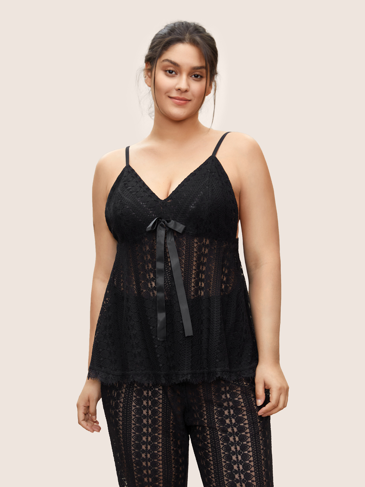 

Plus Size Lace Panel Bowknot Ribbon Cami Sleep Top Black Plain Sleeveless Deep V-neck Everyday Lounge  Bloomchic