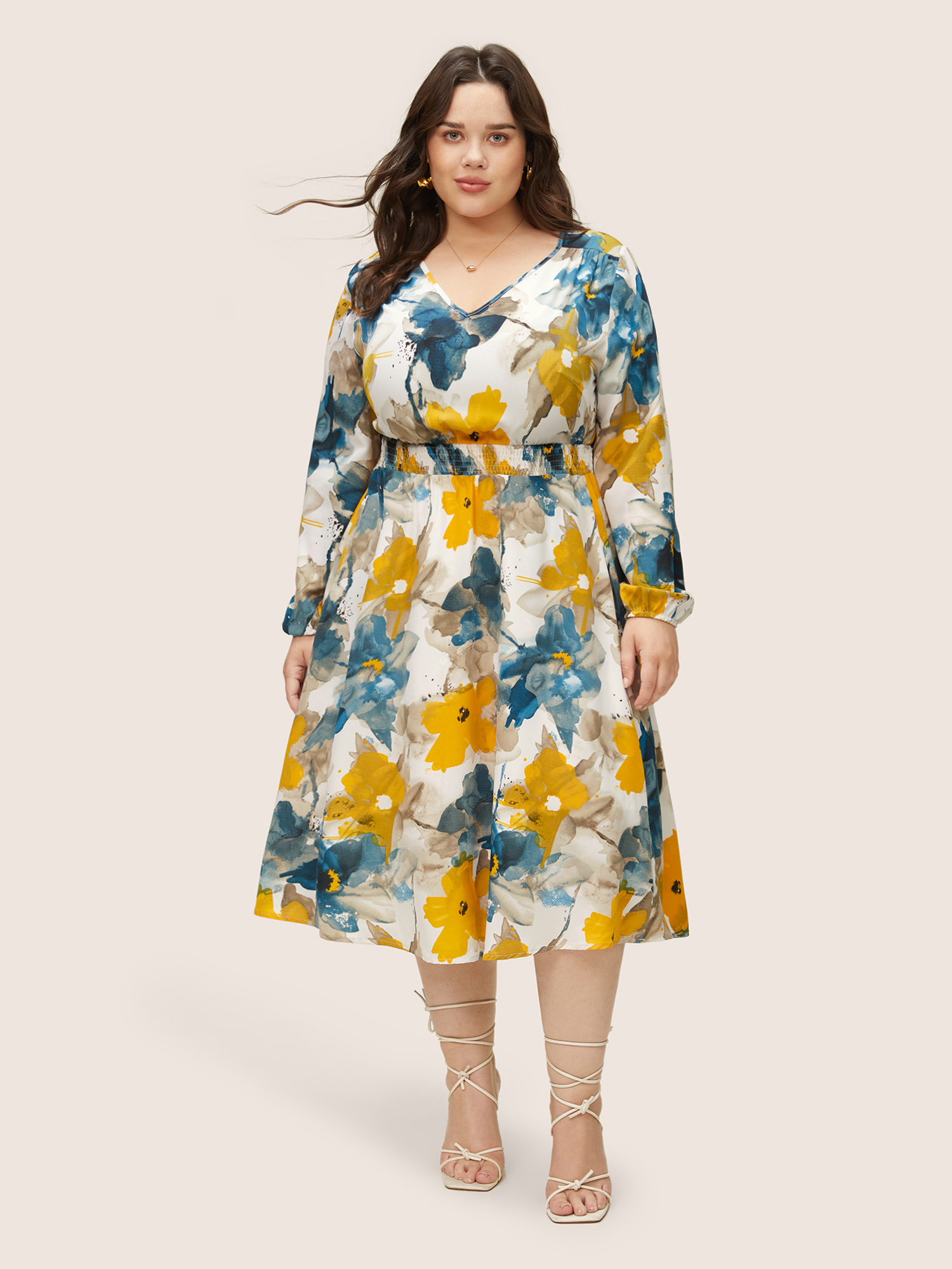 

Plus Size Floral Print Pocket Shirred Elastic Waist Dress Multicolor Women Elegant Non V-neck Long Sleeve Curvy Midi Dress BloomChic