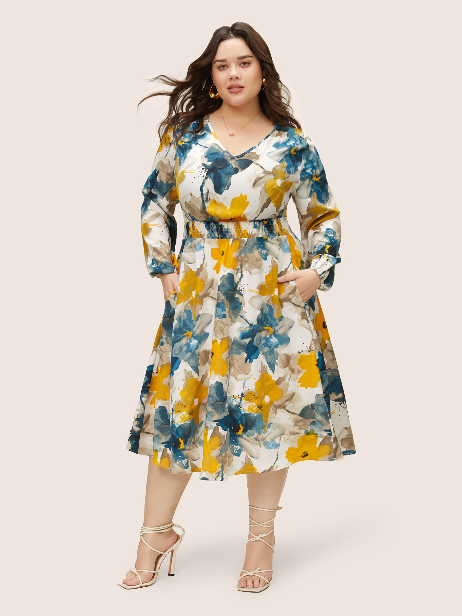 

Plus Size Floral Print Pocket Shirred Elastic Waist Dress Multicolor Women Elegant Non V-neck Long Sleeve Curvy Midi Dress BloomChic