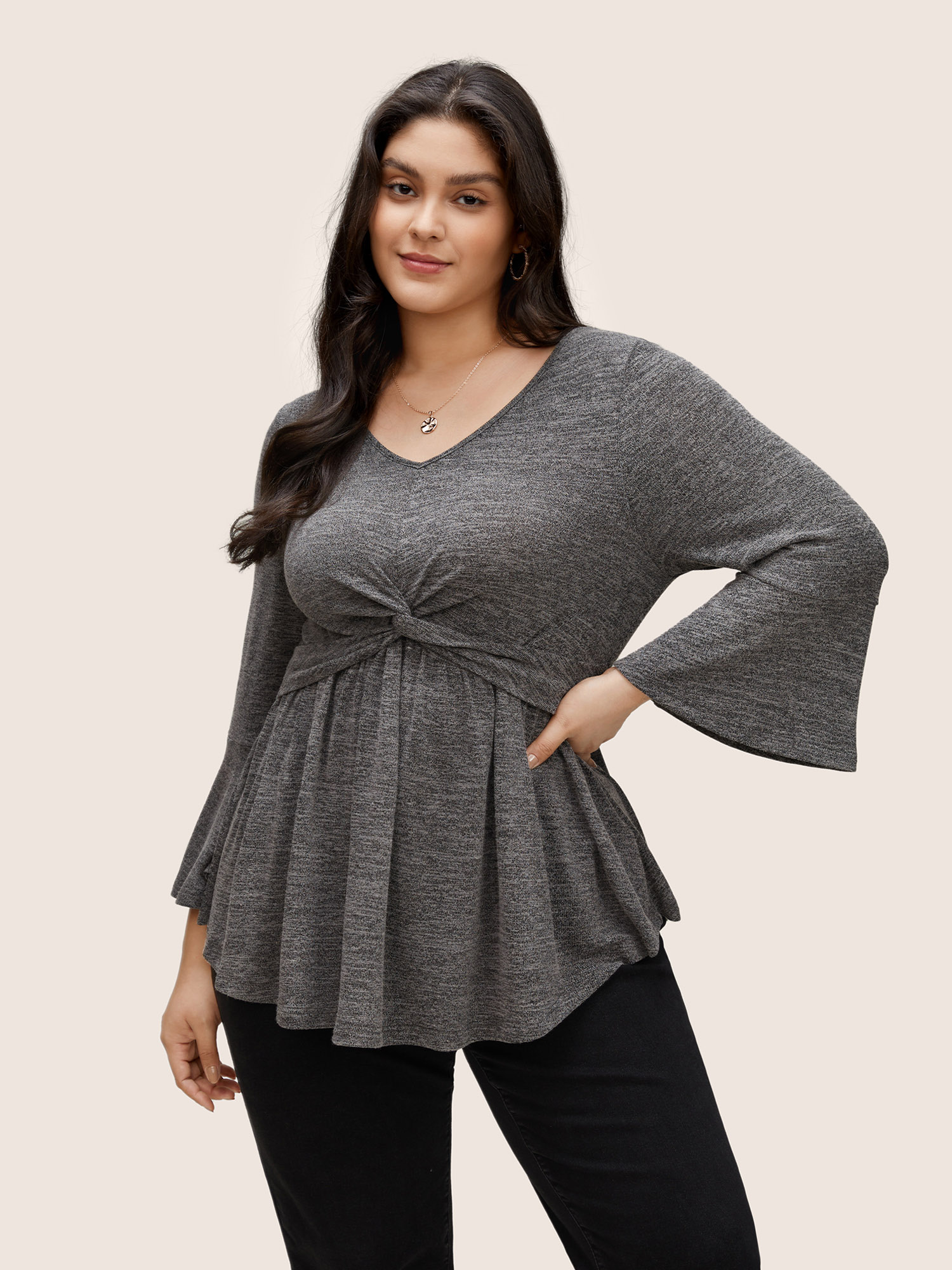 

Twist Front Bell Sleeve Curved Hem T-shirt, Dimgray