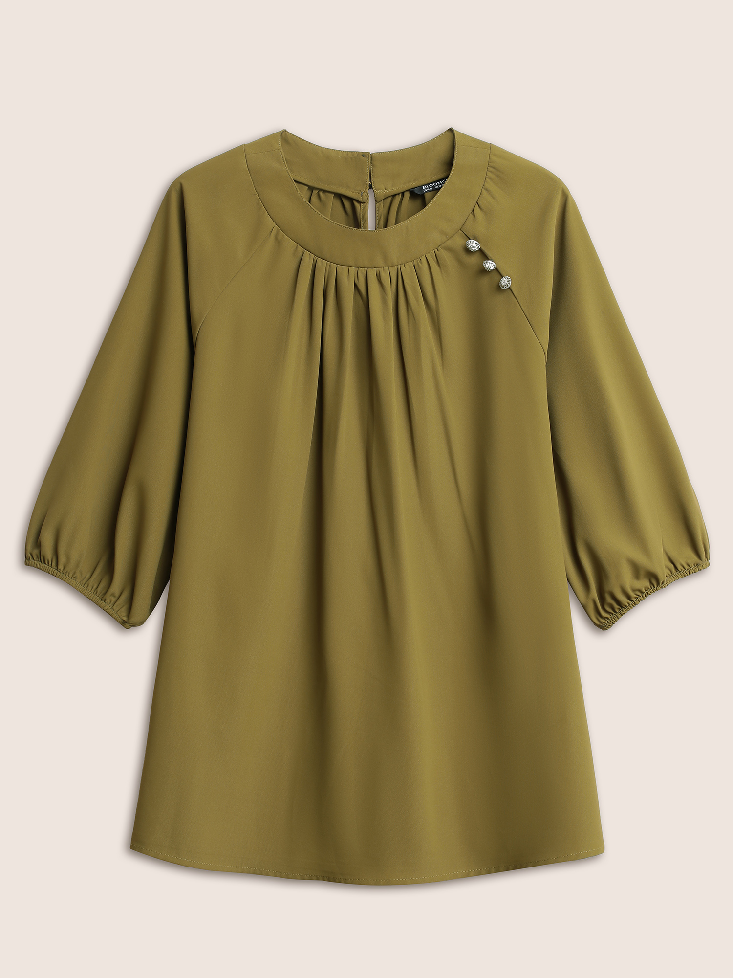 

Plus Size ArmyGreen Static-Free Plain Gathered Button Detail Blouse Women At the Office Elbow-length sleeve Round Neck Work Blouses BloomChic