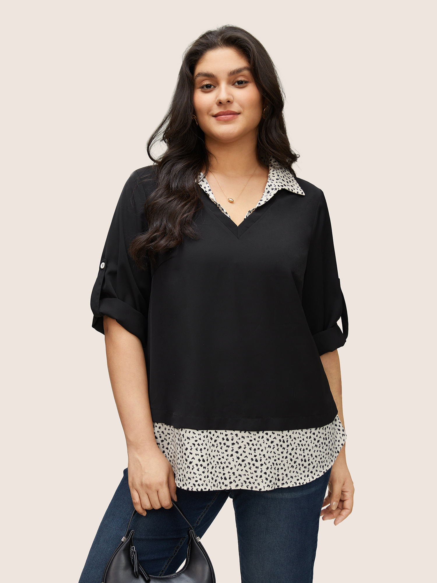 

Plus Size Black Static-Free Leopard 2-In-1 Roll Tab Sleeve Blouse Women At the Office Elbow-length sleeve Shirt collar Work Blouses BloomChic