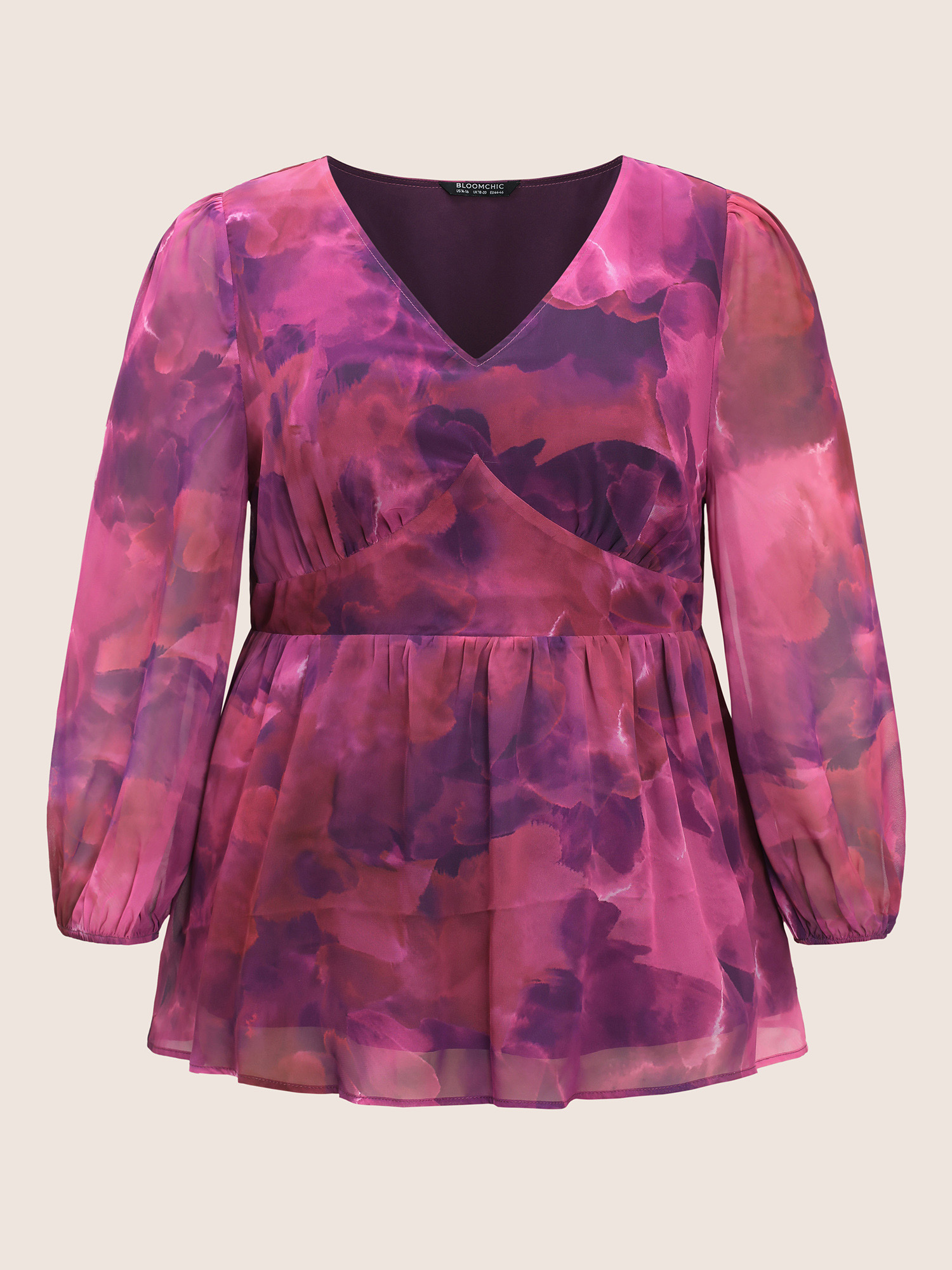 

Plus Size Purple Tie Dye Gathered Lantern Sleeve Blouse Women Cocktail Long Sleeve V-neck Party Blouses BloomChic