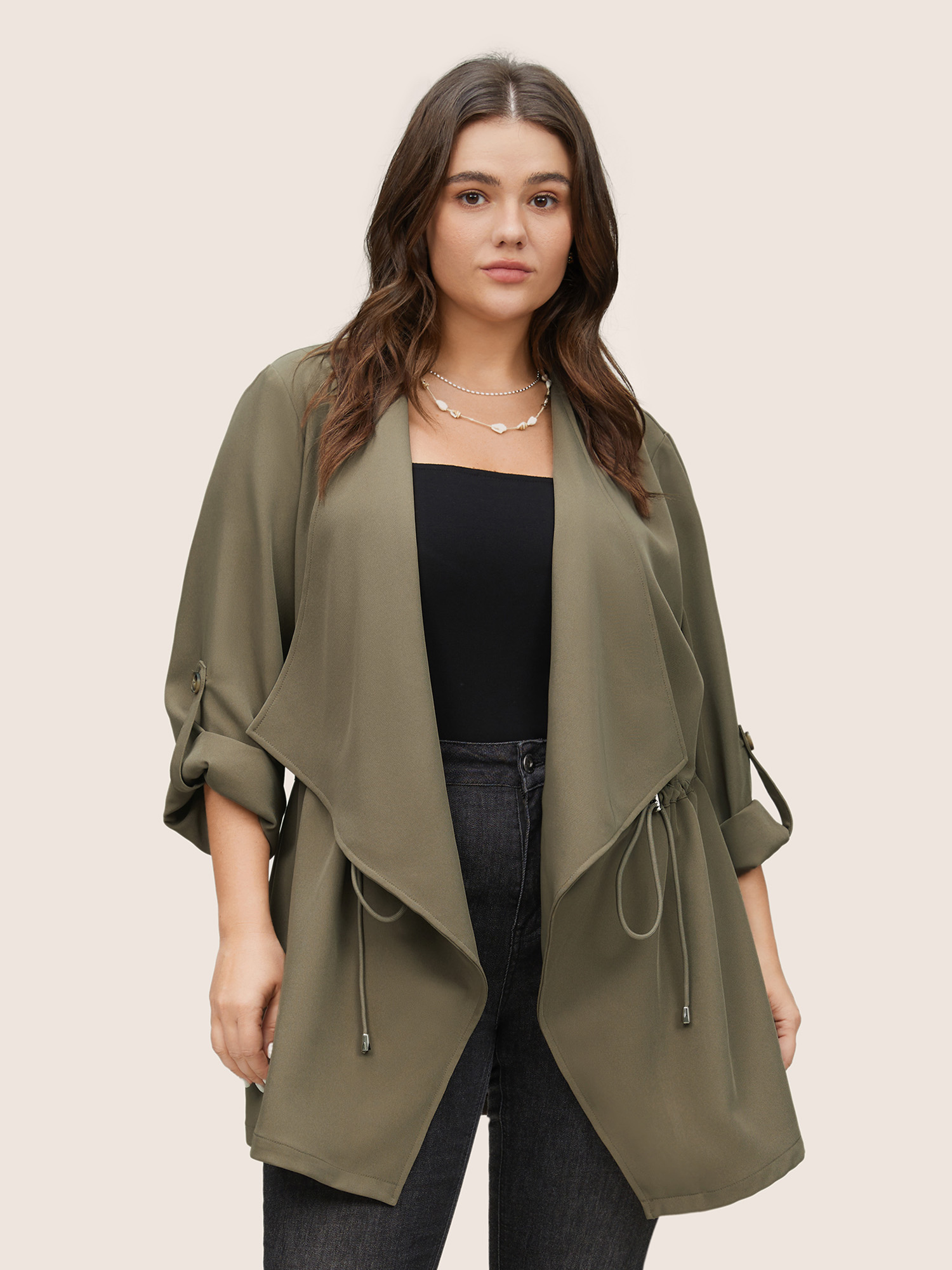 Plus Size Solid Drawstring Asymmetrical Neck Tab Sleeve Jacket Women LightBrown Non Everyday Jackets BloomChic 26/4X