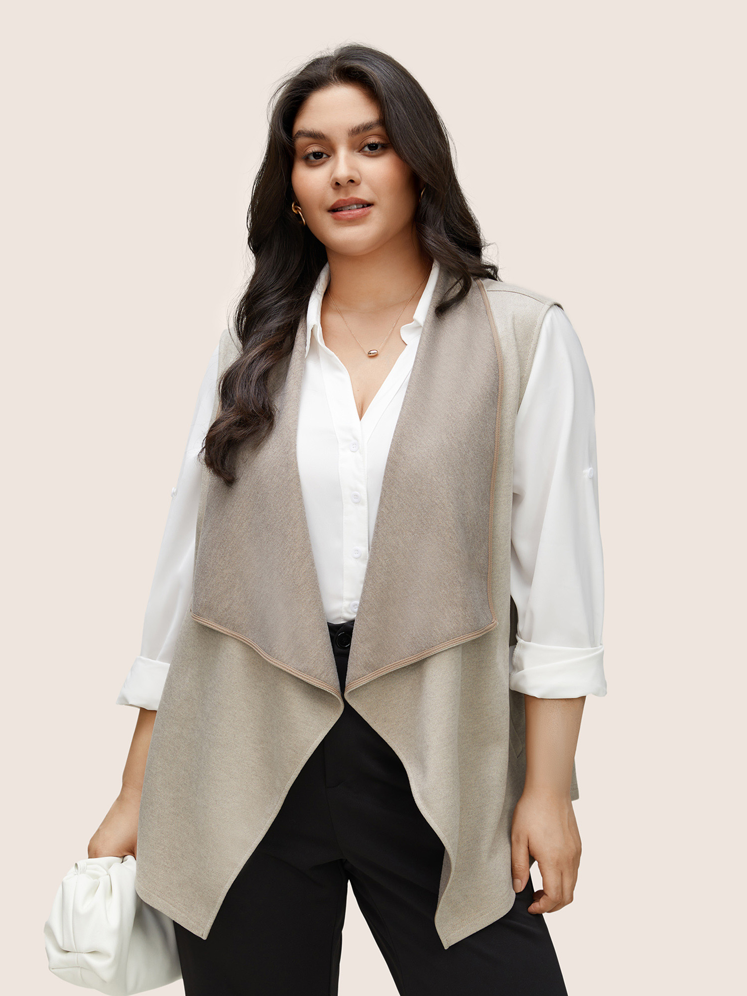 

Plus Size Lapel Collar Asymmetrical Hem Pocket Vest LightBrown Casual Non Everyday Vests  Bloomchic