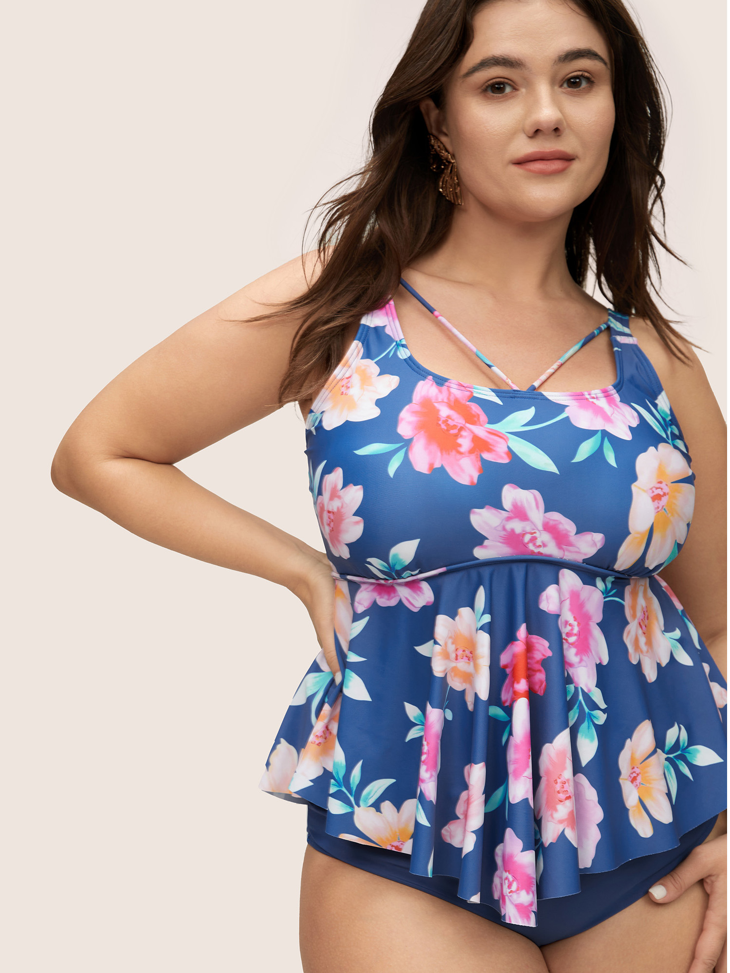 

Plus Size Floral Ruffle Hem Adjustable Straps One Piece Swimsuit Women's Swimwear Cerulean Beach Non Curve Bathing Suits High stretch One Pieces BloomChic