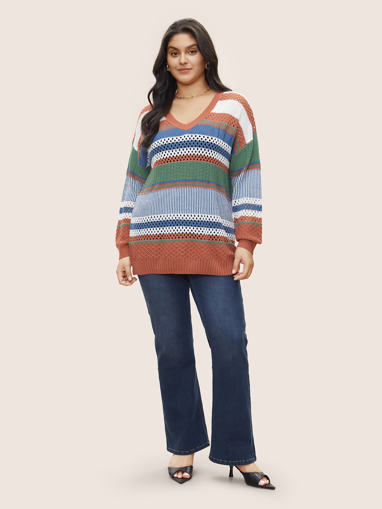 Plus Size Colorblock Contrast Pointelle Knit Pullover OrangeRed Long Sleeve V-neck Casual Knit Tops 28/5X Bloomchic 