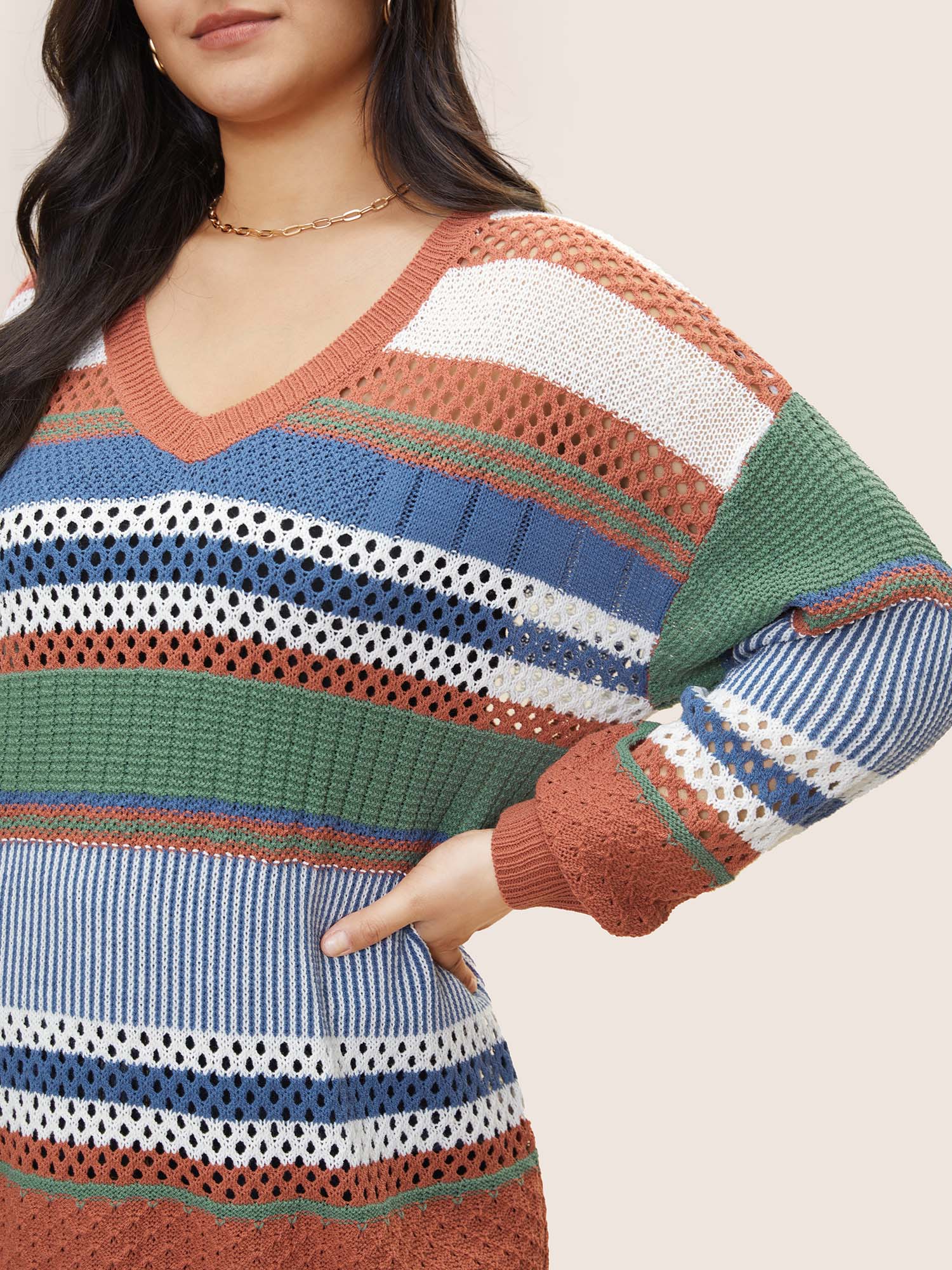

Plus Size Colorblock Contrast Pointelle Knit Pullover OrangeRed Long Sleeve V-neck Casual Knit Tops  Bloomchic