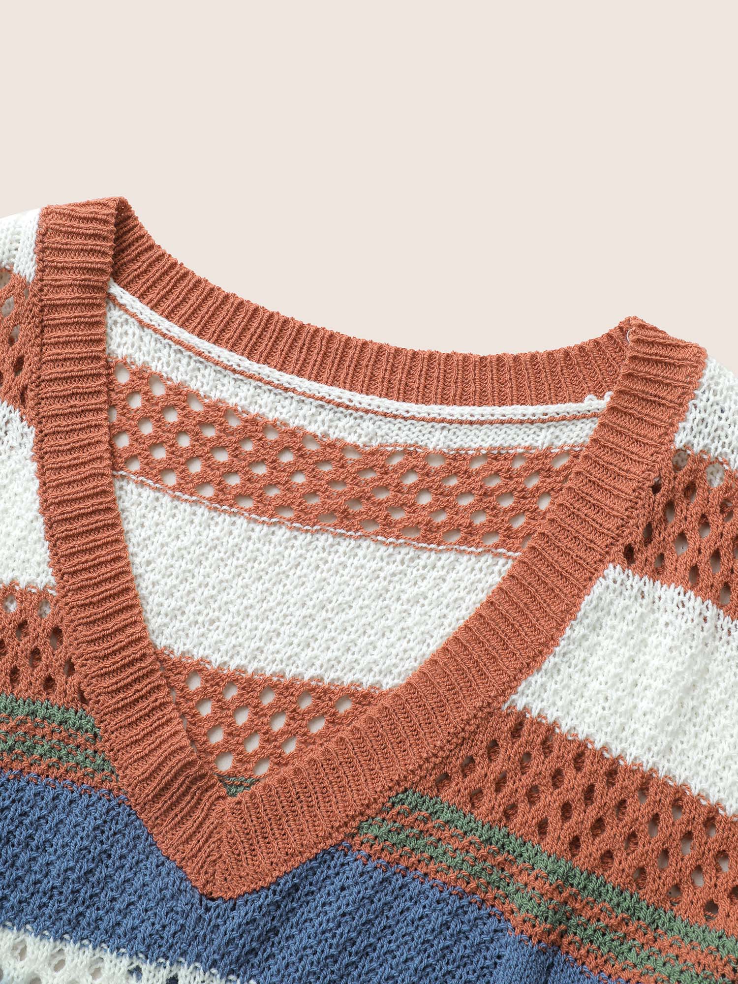 Plus Size Colorblock Contrast Pointelle Knit Pullover OrangeRed Long Sleeve V-neck Casual Knit Tops 28/5X Bloomchic 
