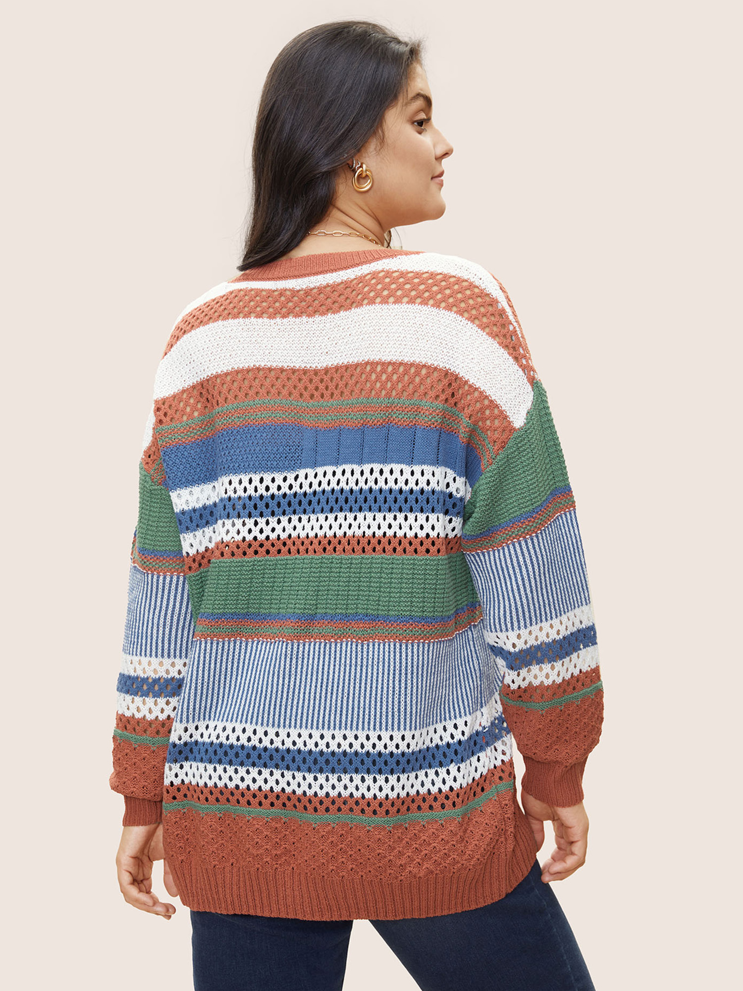 Plus Size Colorblock Contrast Pointelle Knit Pullover OrangeRed Long Sleeve V-neck Casual Knit Tops 28/5X Bloomchic 