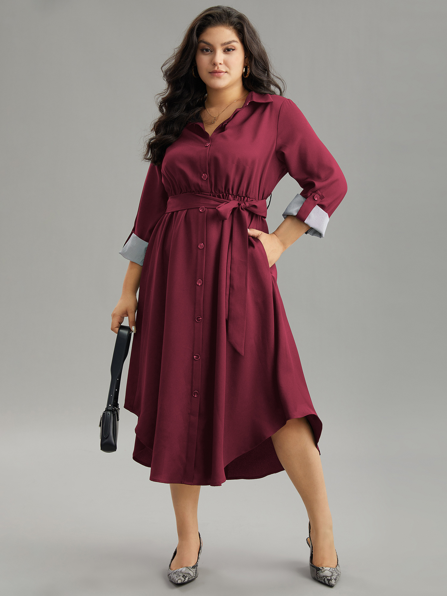 

Plus Size Patchwork Button Through Arc Hem Tab Sleeve Dress Scarlet Women Office Plain Shirt collar Long Sleeve Curvy Midi Dress BloomChic