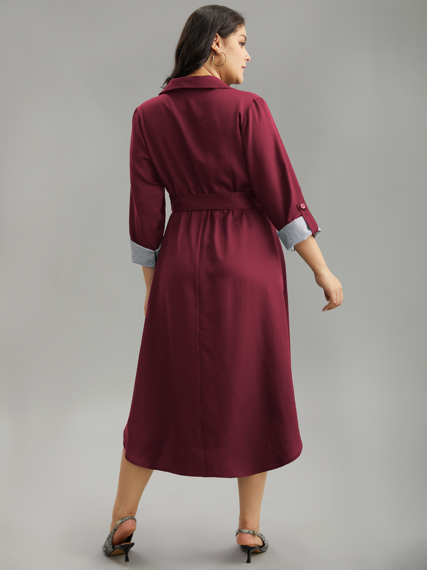 

Plus Size Patchwork Button Through Arc Hem Tab Sleeve Dress Scarlet Women Office Plain Shirt collar Long Sleeve Curvy Midi Dress BloomChic