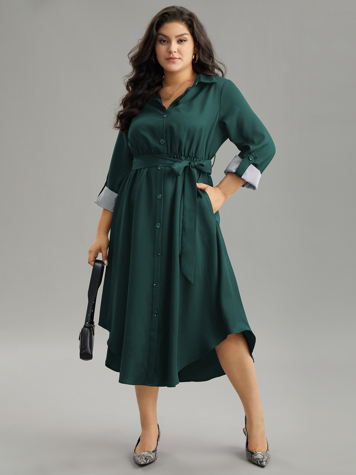 

Plus Size Patchwork Button Through Arc Hem Tab Sleeve Dress DarkGreen Women Office Plain Shirt collar Long Sleeve Curvy Midi Dress BloomChic