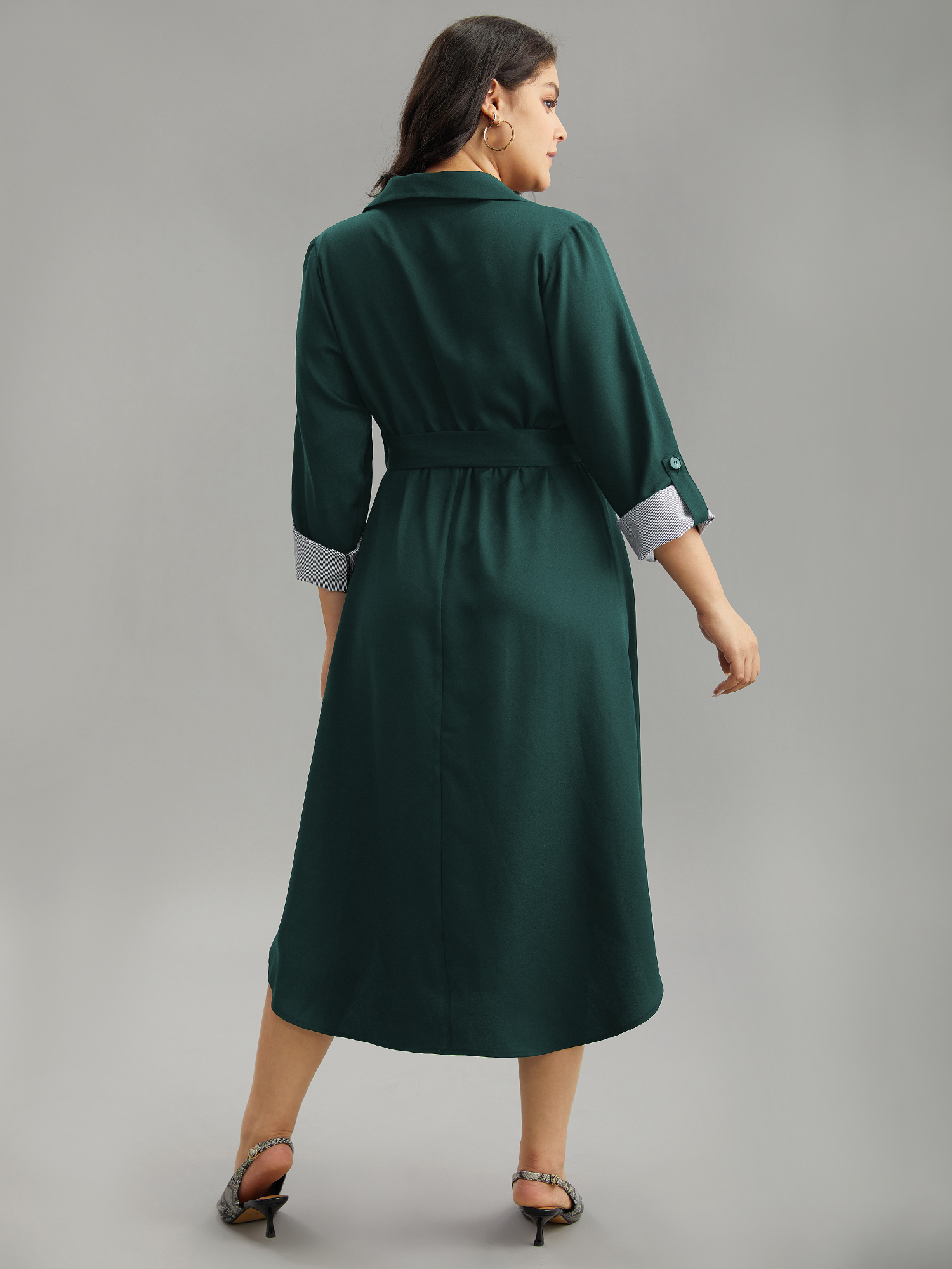 

Plus Size Patchwork Button Through Arc Hem Tab Sleeve Dress DarkGreen Women Office Plain Shirt collar Long Sleeve Curvy Midi Dress BloomChic