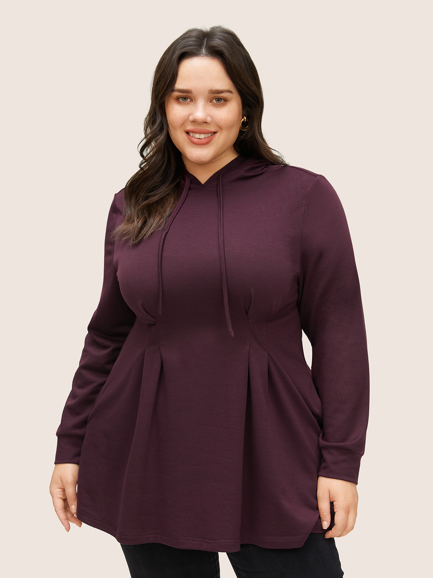 

Plus Size Solid Plicated Detail Pocket Hooded Sweatshirt Women RedViolet Elegant Pleated Hooded Everyday Sweatshirts BloomChic