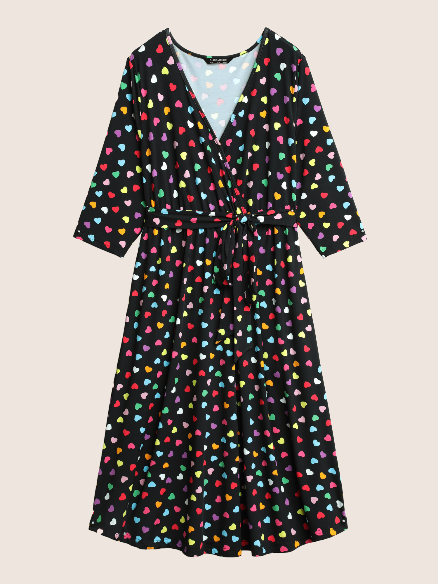 

Plus Size Colored Heart Print Belted Overlap Collar Dress Black Women Casual Belted Overlap Collar Elbow-length sleeve Curvy Midi Dress BloomChic