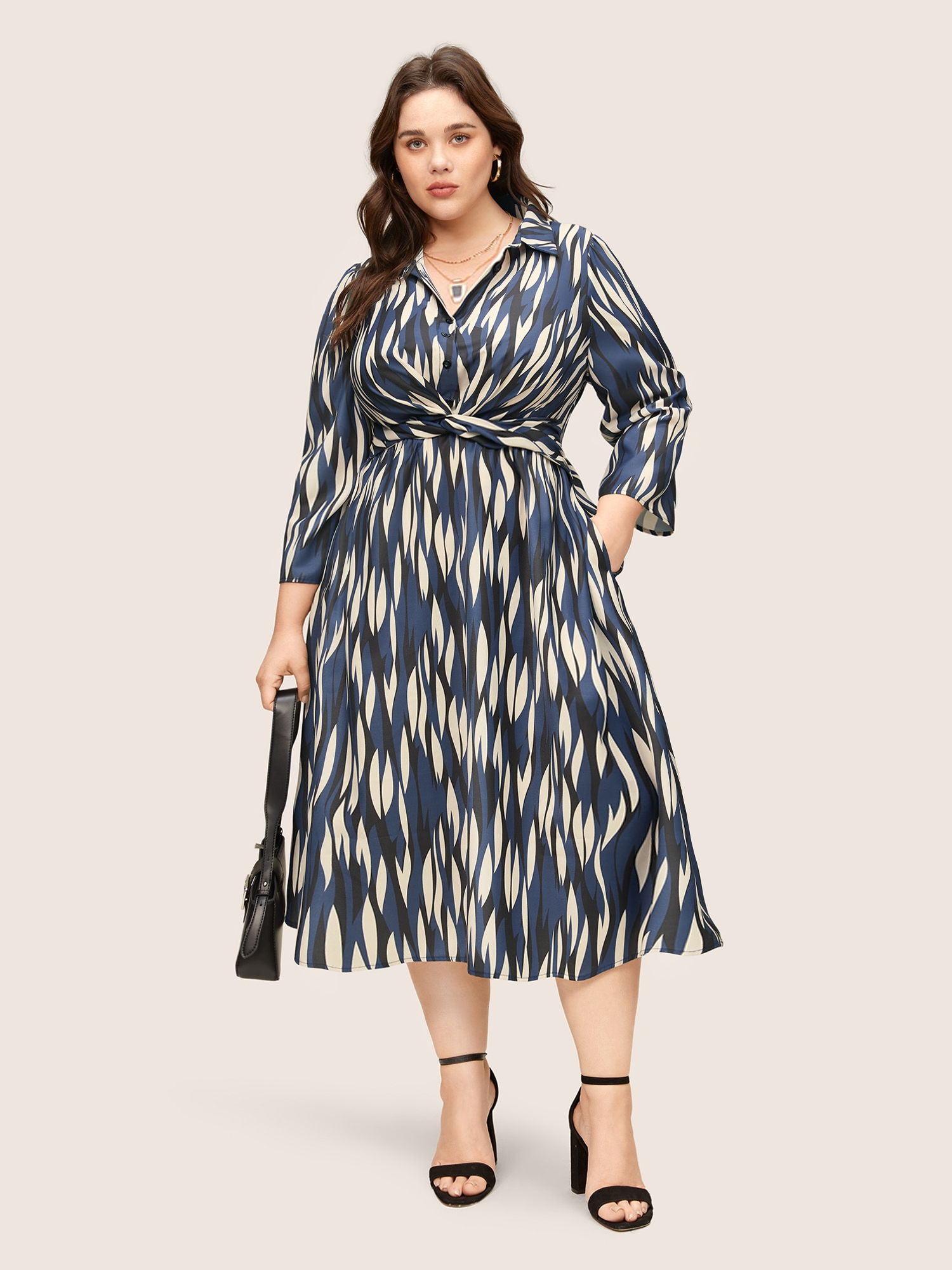 

Plus Size Geo Colorblock Twist Front Shirt Collar Dress Indigo Women At the Office Non Shirt collar Elbow-length sleeve Curvy Midi Dress BloomChic