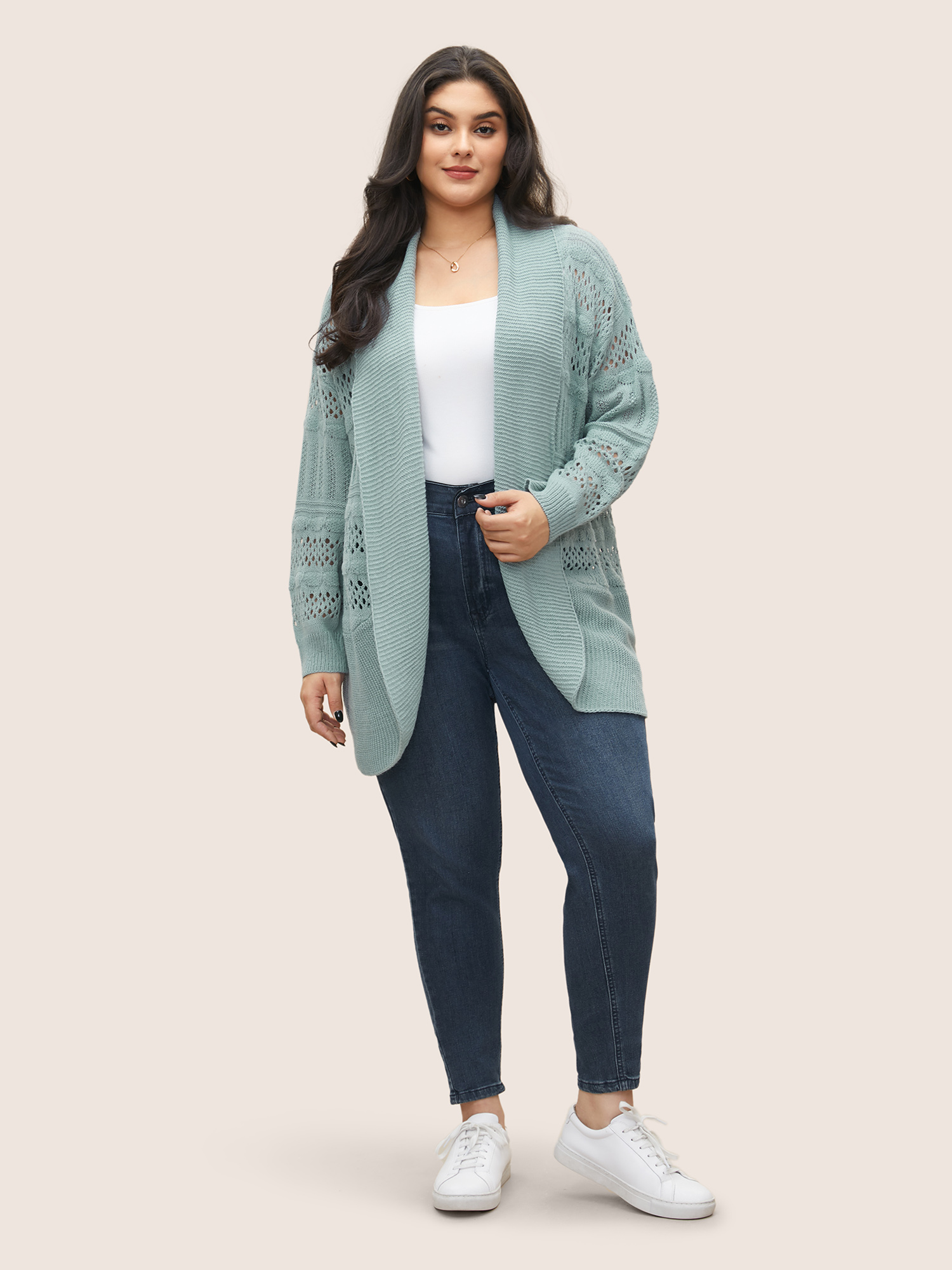 

Plus Size Solid Cable Knit Cut Out Open Front Cardigan Mint Women Casual Everyday Cardigans BloomChic