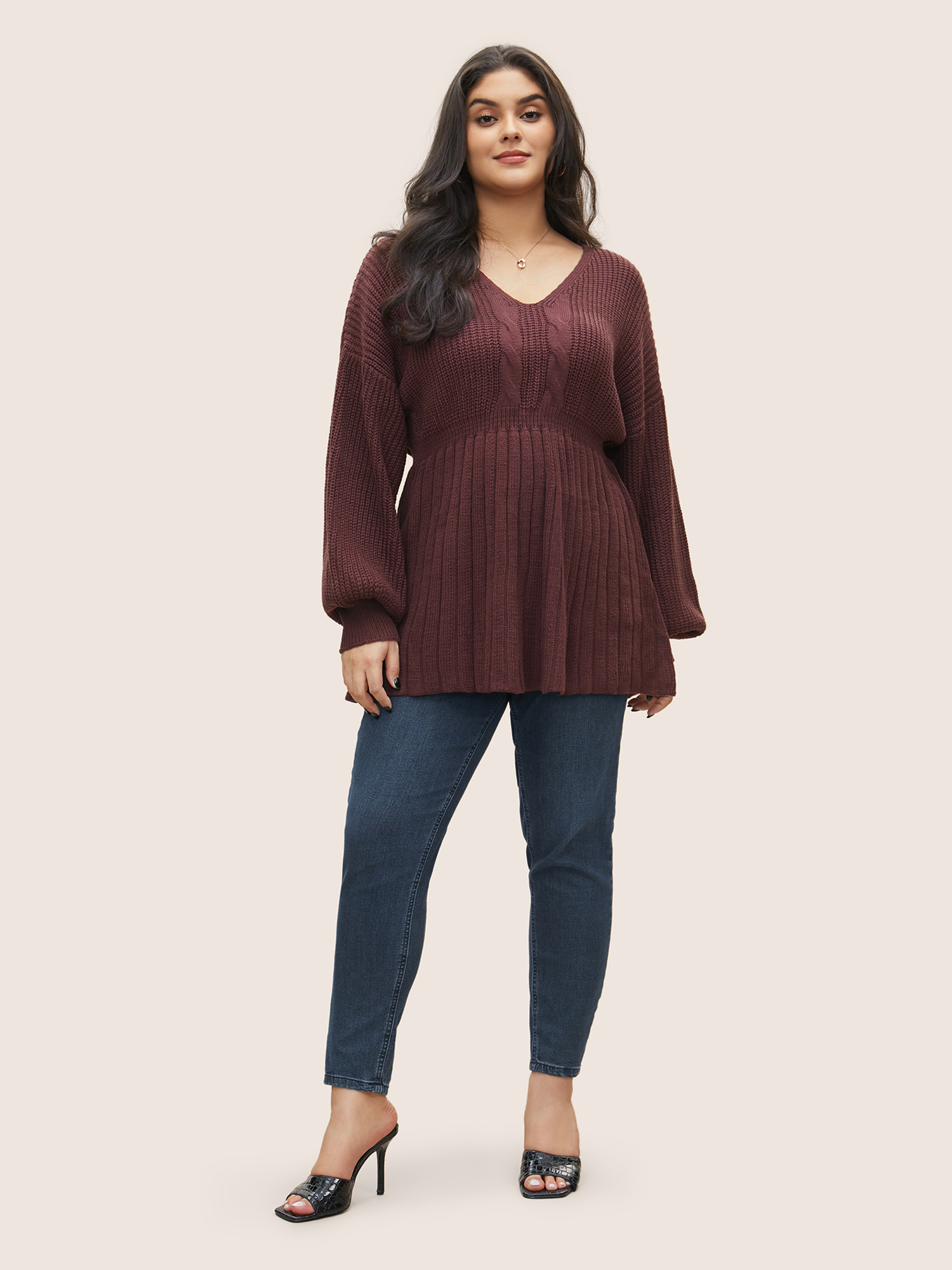 

Plus Size Solid Cable Knit Elastic Waist Pullover Maroon Women Casual Long Sleeve V-neck Everyday Pullovers BloomChic