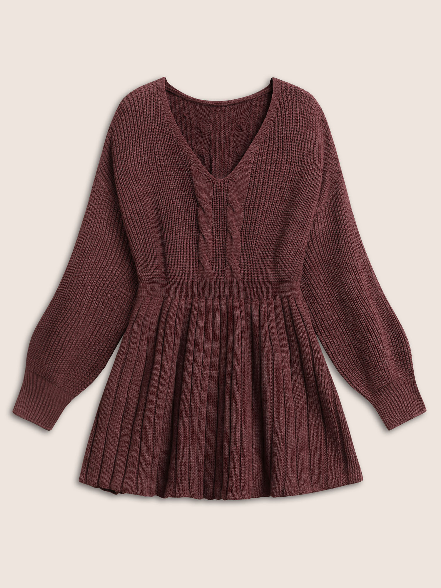 

Plus Size Solid Cable Knit Elastic Waist Pullover Maroon Women Casual Long Sleeve V-neck Everyday Pullovers BloomChic