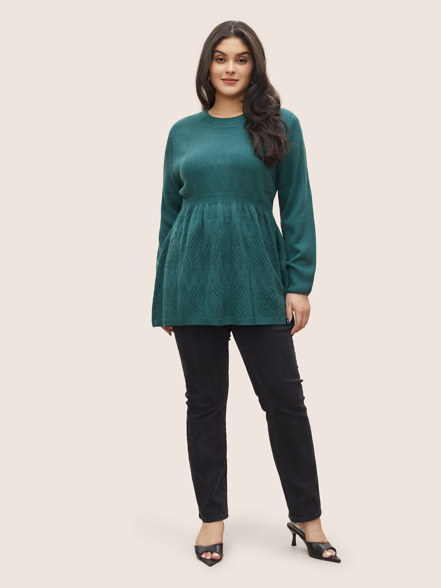 

Plus Size Solid Hollow Out Elastic Waist Knit Pullover Teal Women Casual Long Sleeve Round Neck Everyday Pullovers BloomChic