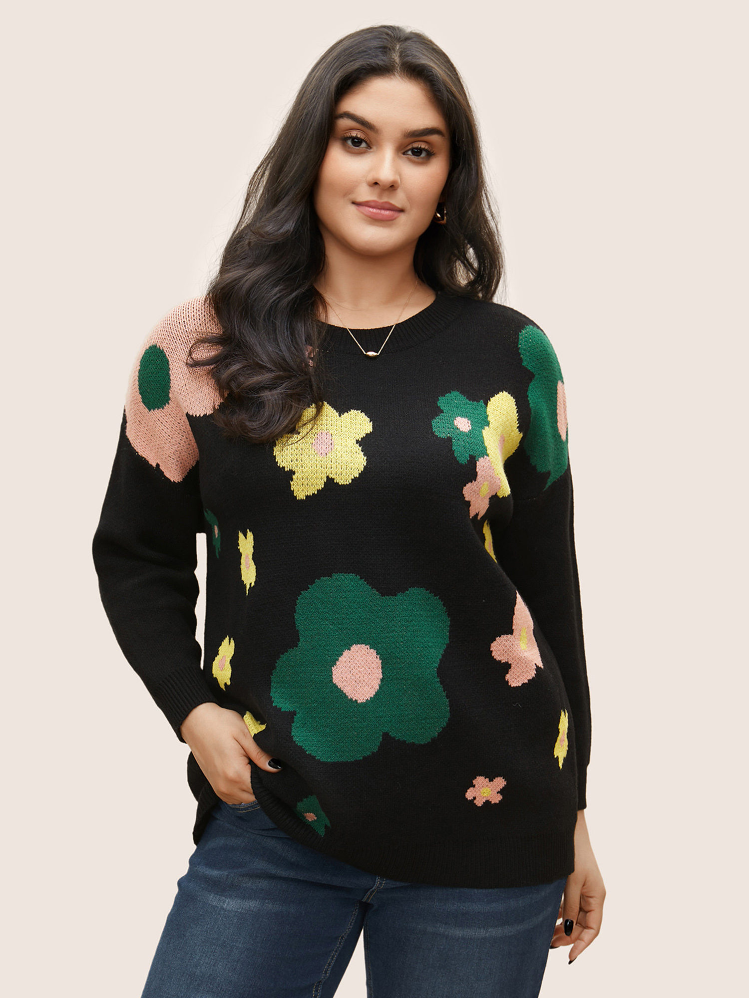 

Plus Size Supersoft Essentials Colour Floral Drop Shoulder Pullover Black Women Casual Loose Long Sleeve Round Neck Everyday Pullovers BloomChic