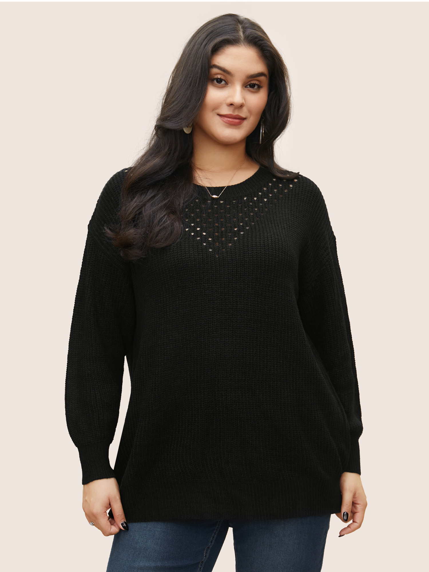 

Plus Size Plain Round Neck Hollow Out Drop Shoulder Pullover Black Women Casual Loose Long Sleeve Round Neck Dailywear Pullovers BloomChic