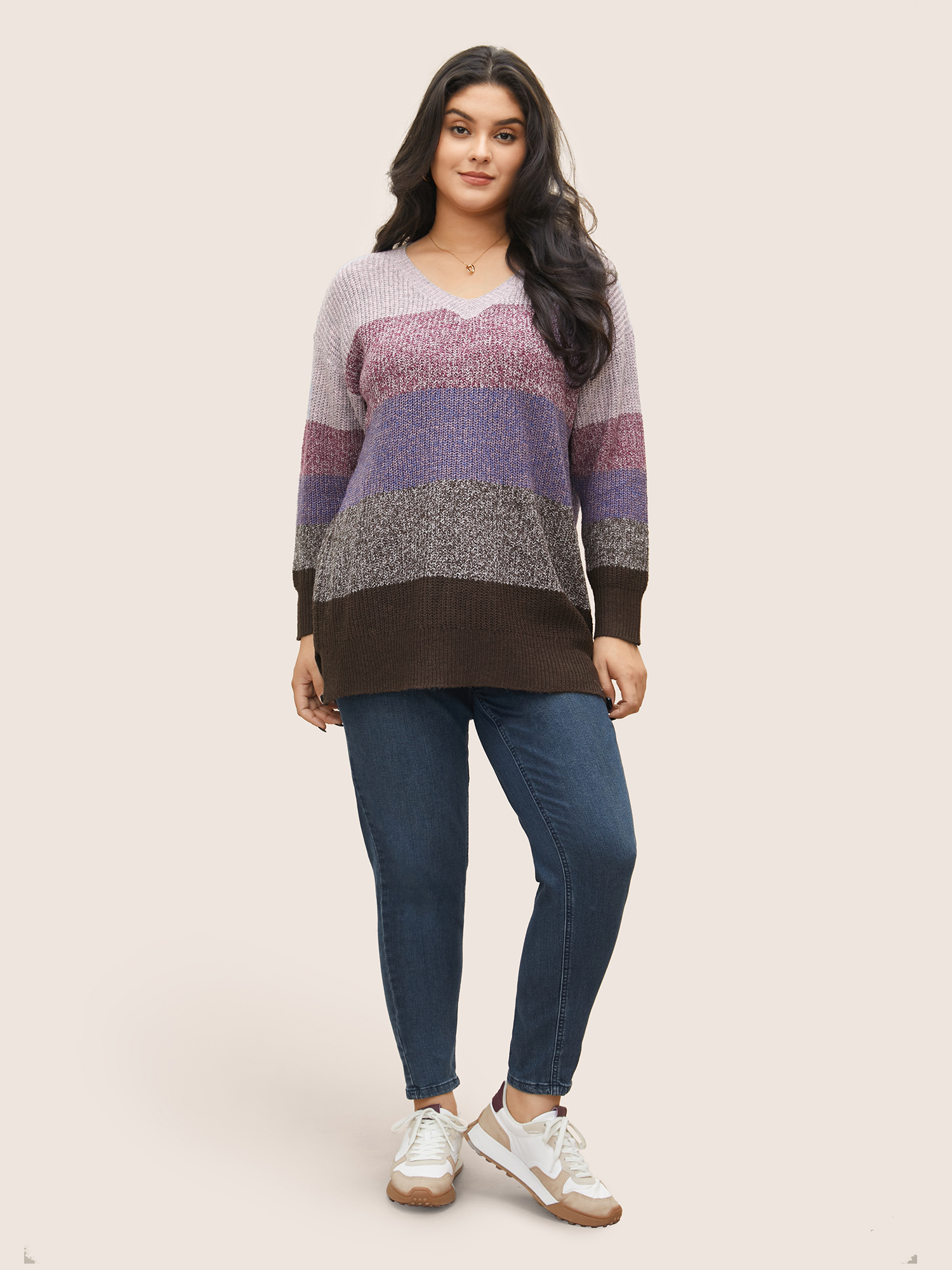 

Plus Size Heather Colorblock V Neck Split Hem Pullover Purple Women Casual Loose Long Sleeve V-neck Dailywear Pullovers BloomChic