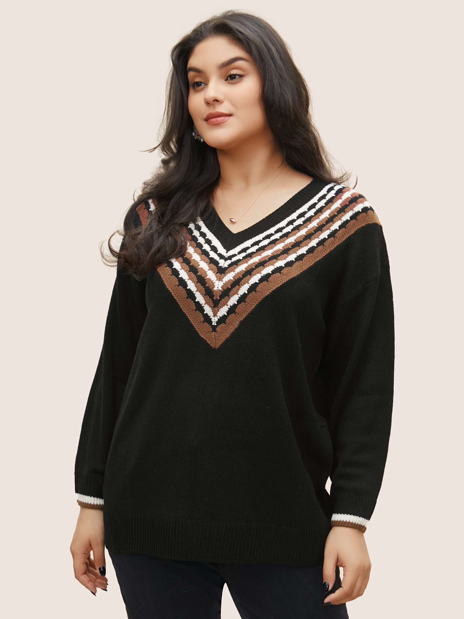 

Plus Size V Contrast Striped Patchwork Knit Pullover Black Women Casual Loose Long Sleeve V-neck Dailywear Pullovers BloomChic