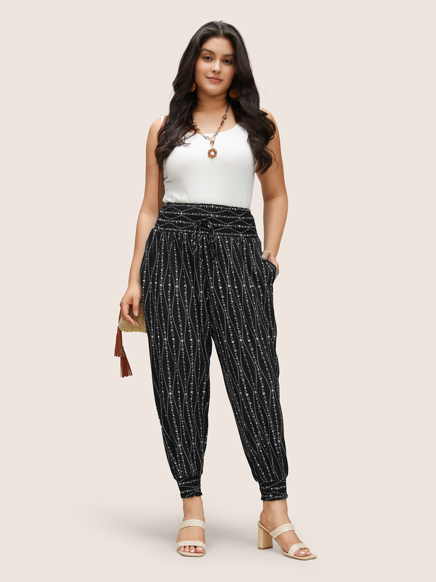 Plus Size Ditsy Floral Shirred Ties High Rise Harem Pants Women BlackFlower Resort Harem High Rise Vacation Pants BloomChic 12/L 