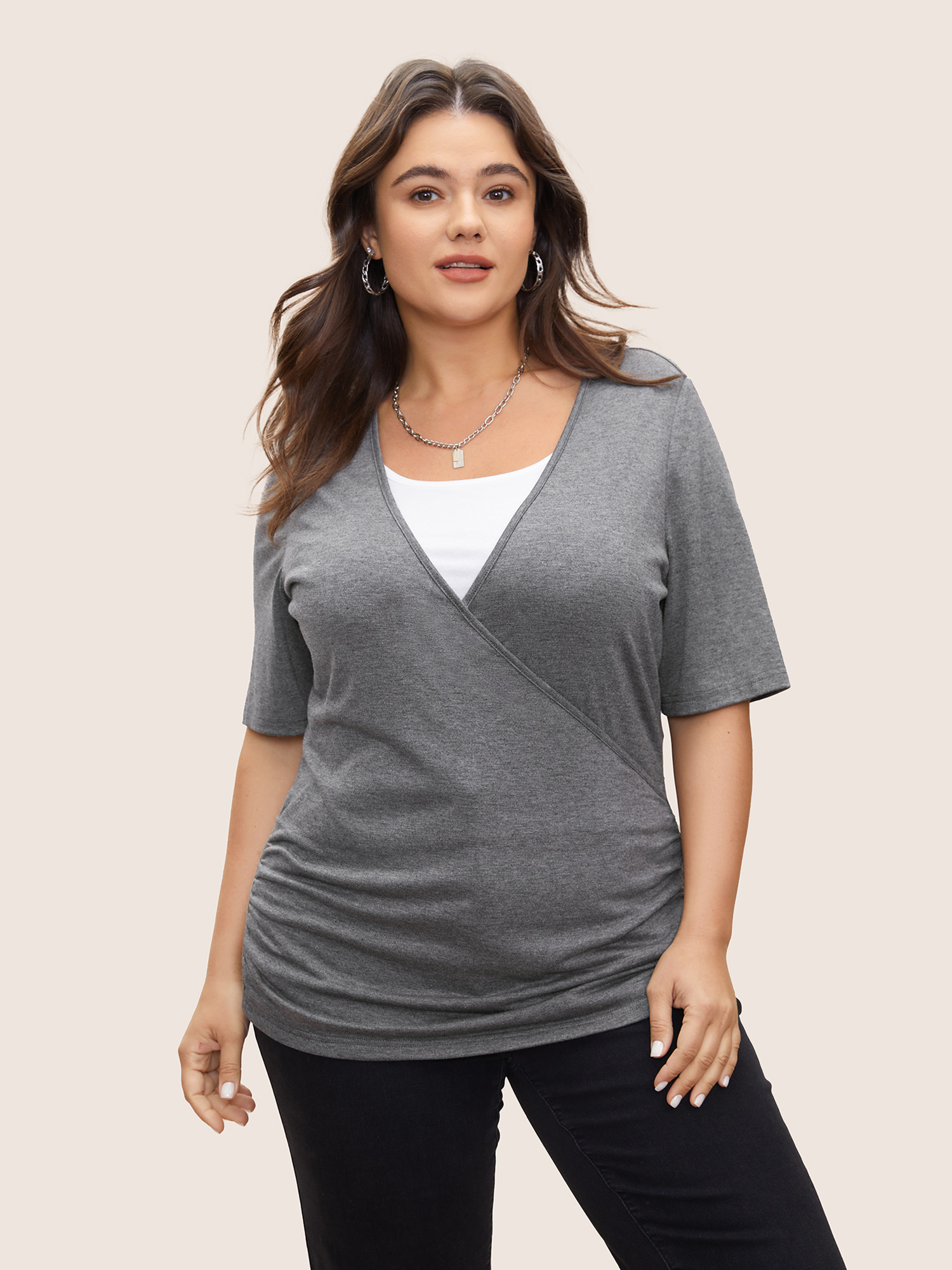 

Plus Size Heather Contrast Patchwork Gathered Wrap T-shirt Gray Round Neck Short sleeve Elegant Jersey Tops