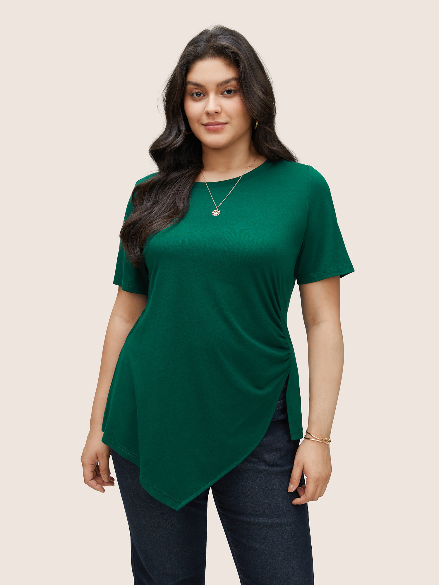 

Plain Gathered Split Asymmetrical Hem T-shirt, Darkgreen