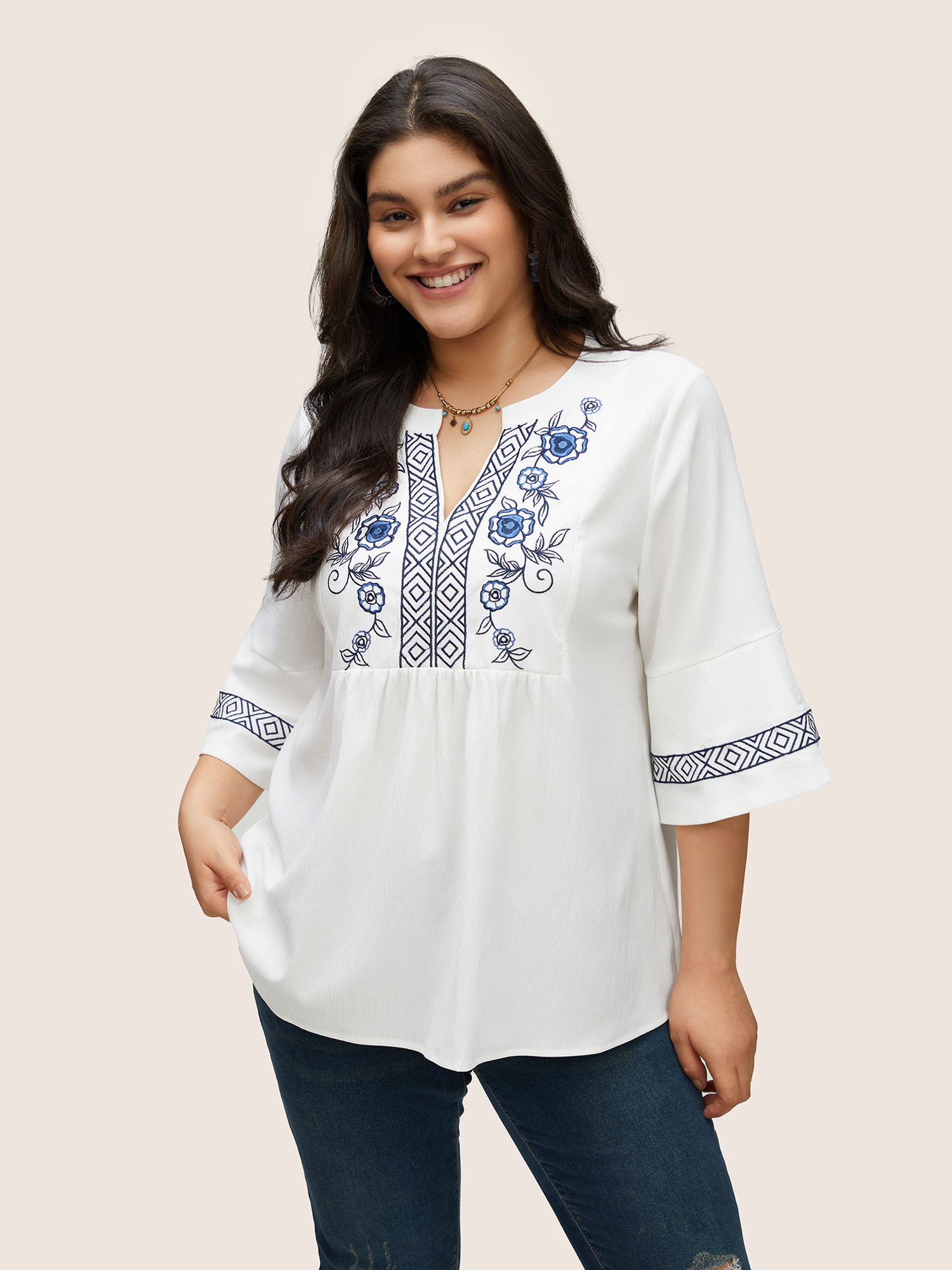 

Plus Size Ivory Boho Print Embroidered Gathered Notched Blouse Women Resort Half Sleeve Flat collar with V-notch Vacation Blouses BloomChic