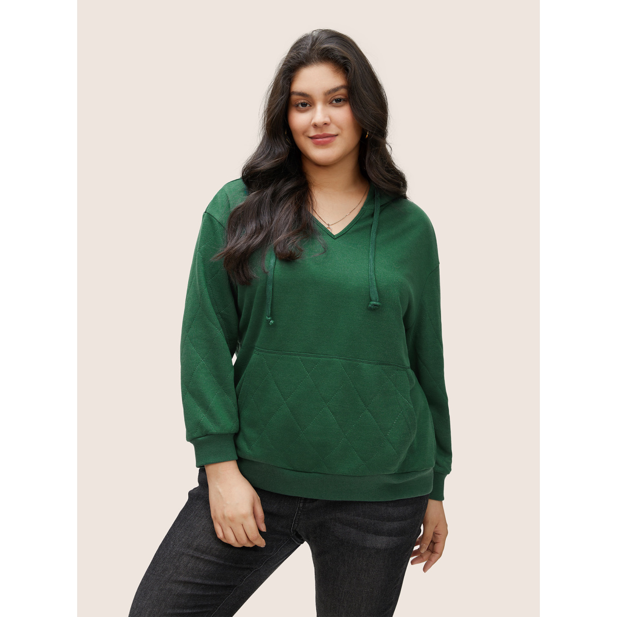 

Plus Size Solid Quilted Kangaroo Pocket Hooded Sweatshirt Women Green Casual Non Everyday Sweatshirts BloomChic