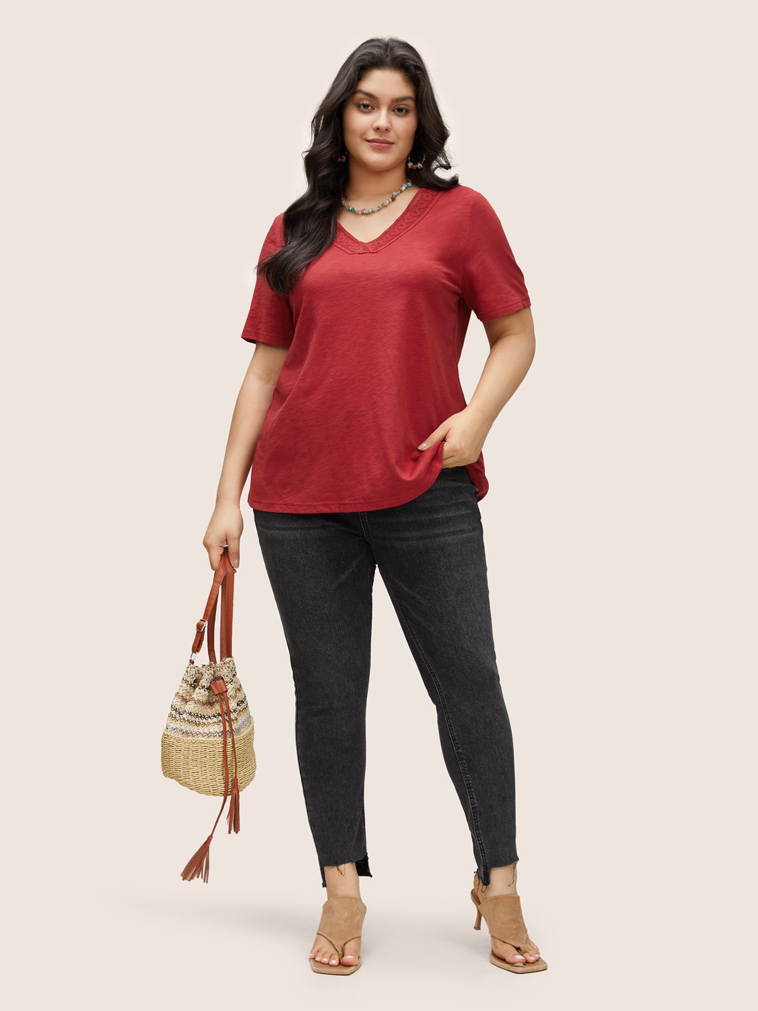 Plus Size Plain V Neck Lace Panel T-shirt Red Women Elegant Non Plain V-neck Everyday T-shirts BloomChic 26/4X 