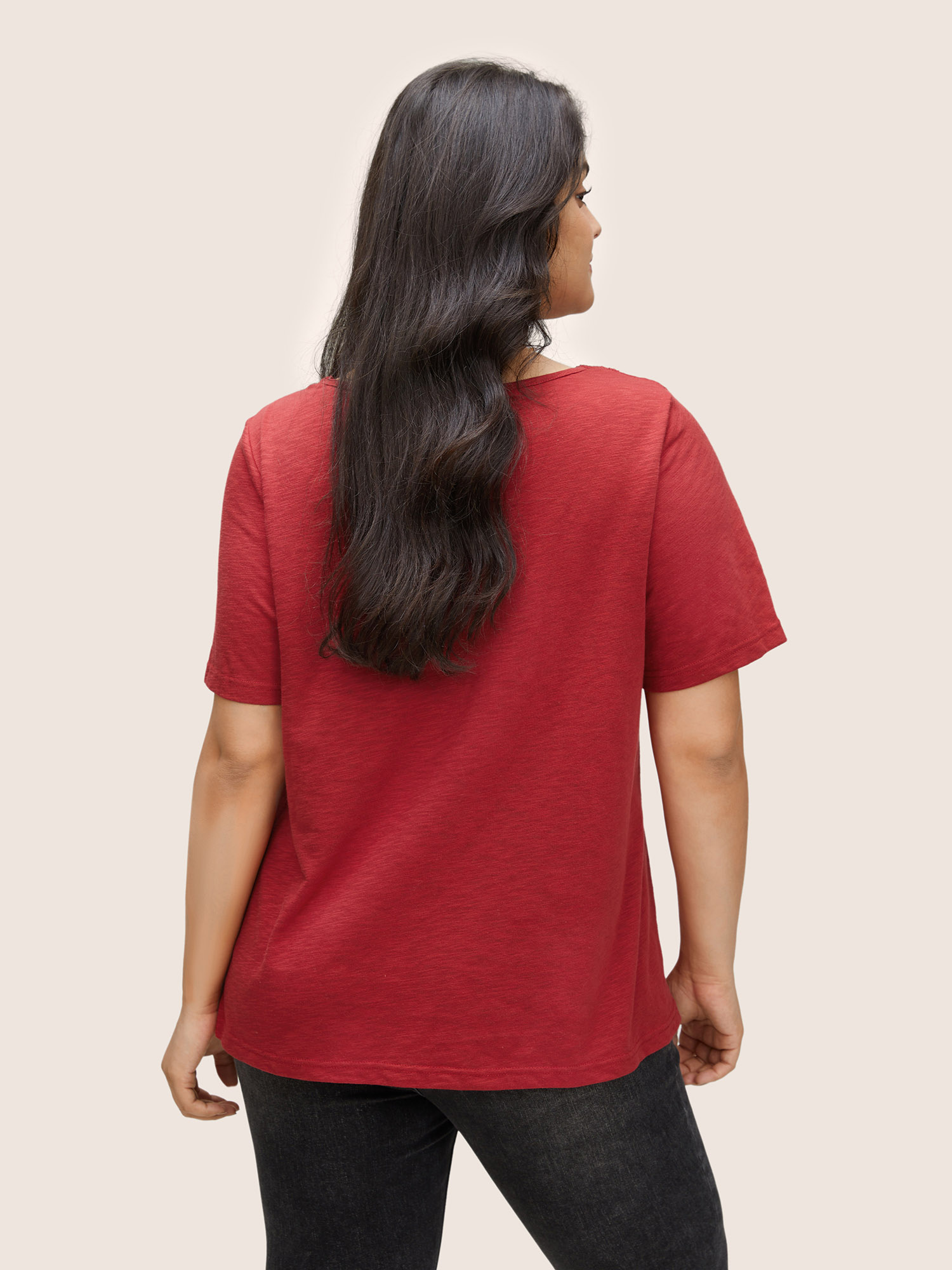 Plus Size Plain V Neck Lace Panel T-shirt Red Women Elegant Non Plain V-neck Everyday T-shirts BloomChic 26/4X 