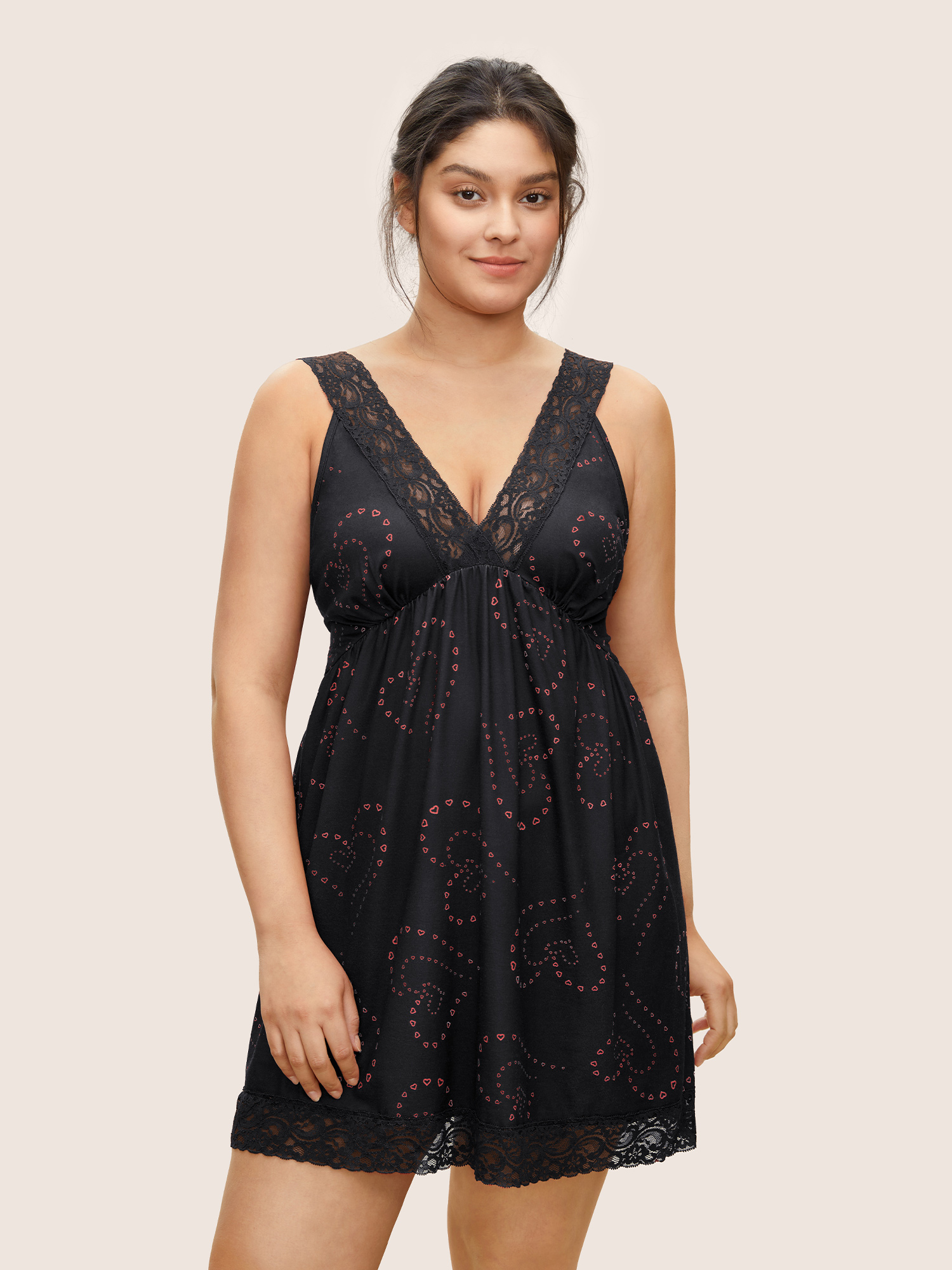 

Plus Size Heart Print Lace Panel Deep V Neck Sleep Dress Black Sleeveless Deep V-neck Lounge Everyday  Bloomchic