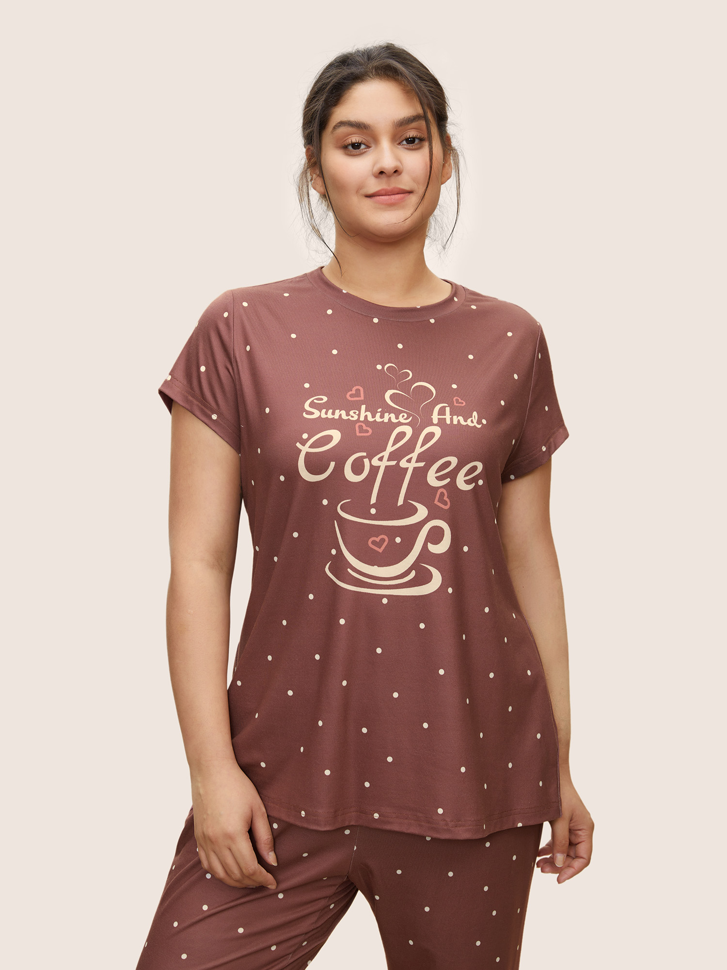 

Plus Size Polka Dot Coffee Print Crew Neck Sleep Top DustyPink Polka Dot Everyday Lounge  Bloomchic