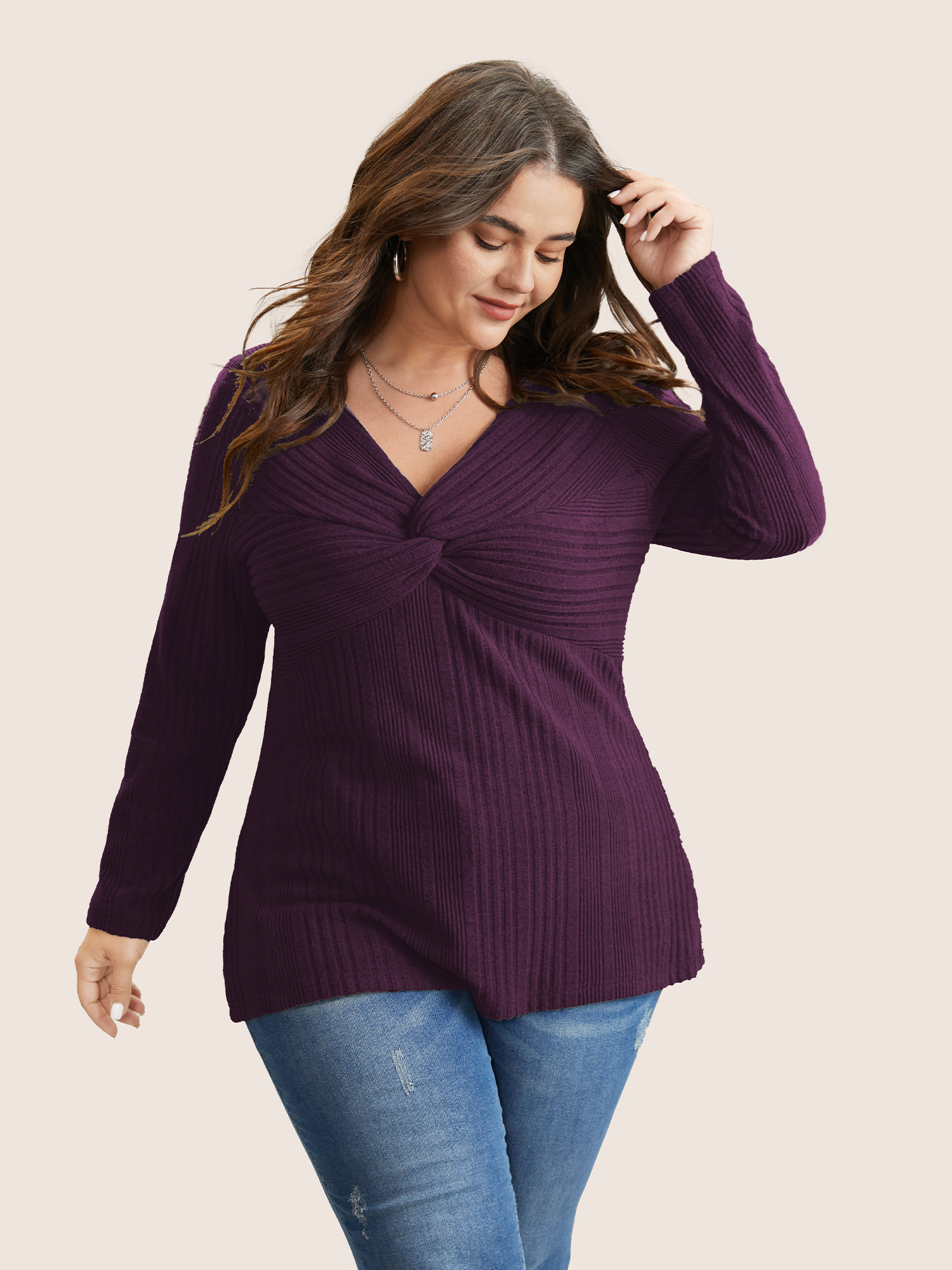 

Plus Size Plain Texture Twist Front Rib Knit T-shirt Eggplant V-neck Long Sleeve Elegant Jersey Tops